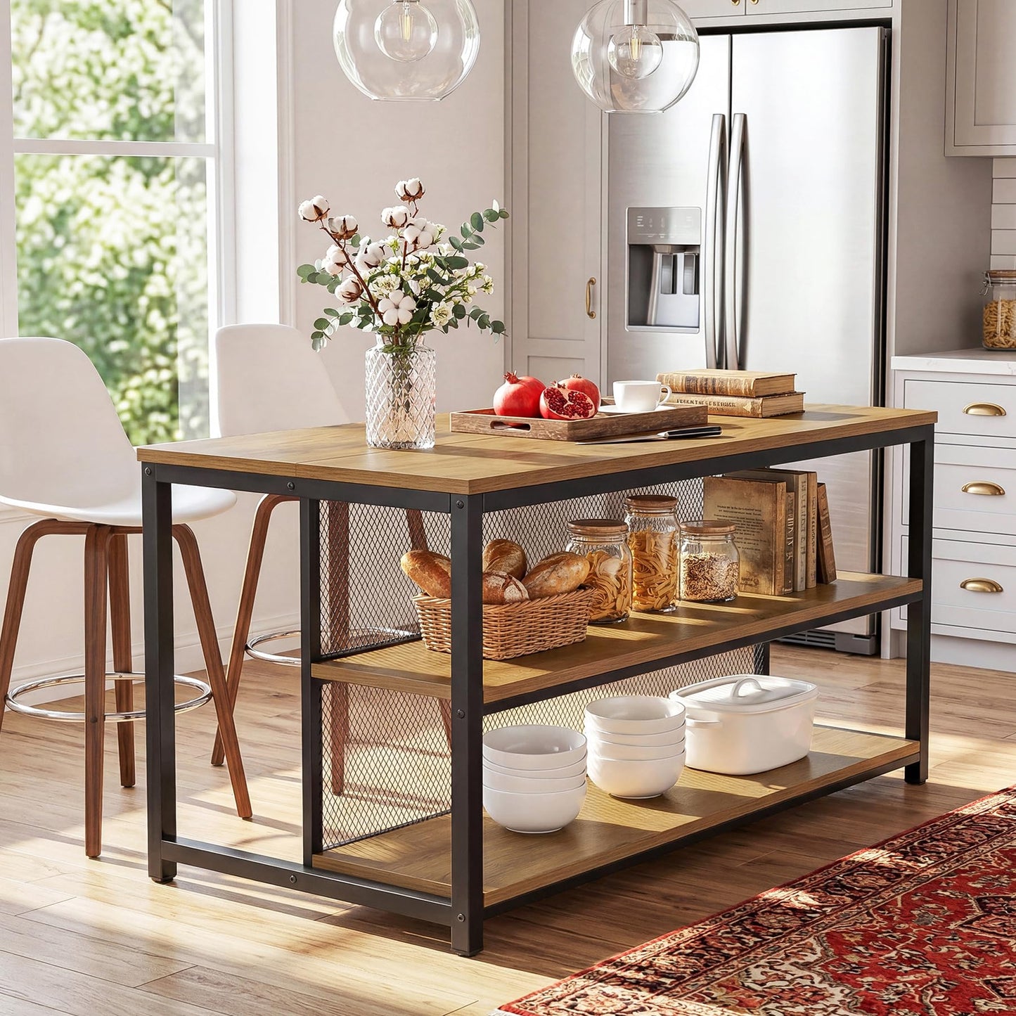 Tribesigns 63" Kitchen Island, Industrial Bar Table with Storage Shelves & Seating, Modern Farmhouse High Top Kitchen Dining Table with Metal Frame for Kitchen, Dining Room, Living Room, Bistro