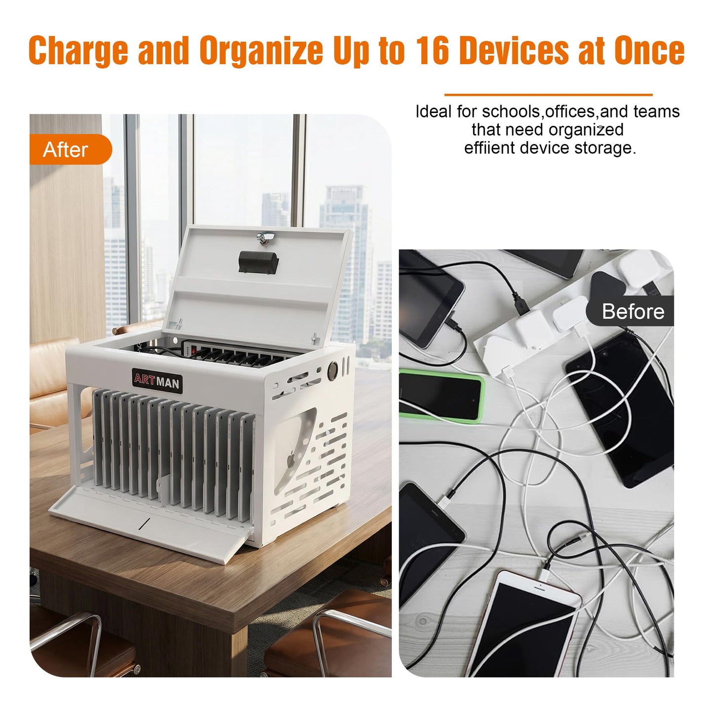 16 Device Charging Station for Laptops/Tablets/iPads/Chromebooks,16 Bay Wall-Mount Lockable Charging Cabinet with Cable Management & Power Organization,Fully Assembled Storage Cart (16 Bay-White)