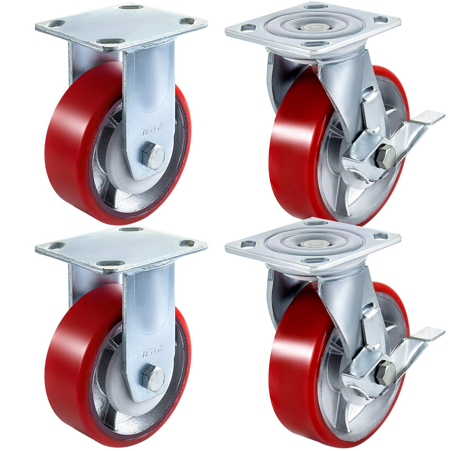 VEVOR Caster Wheels Set of 4, 6" Heavy Duty Casters (2 Rigid and 2 Swivel Casters with Side Brake) Polyurethane Iron Core Plate 4000LBS Capacity
