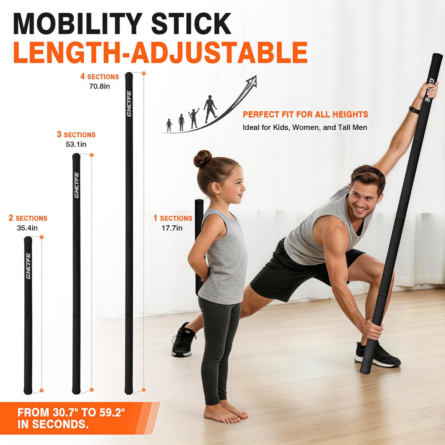 GHCTFE Adjustable Yoga Stick for Stretching & Balance, Upgraded Workout Pilates Equipment for Back Posture Corrector, 4-Section Steel Mobility Bar for Flexibility, Physical Therapy, Exercise Training