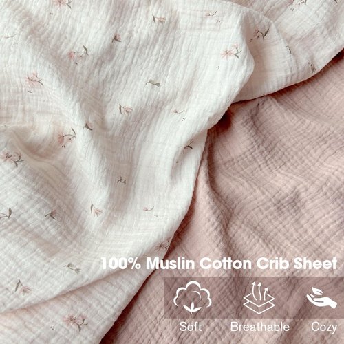 Little Grape Land Muslin Crib Sheets - Soft & Breathable 100% Cotton | 2 Pack, Fog Flower, 52x28 Inches