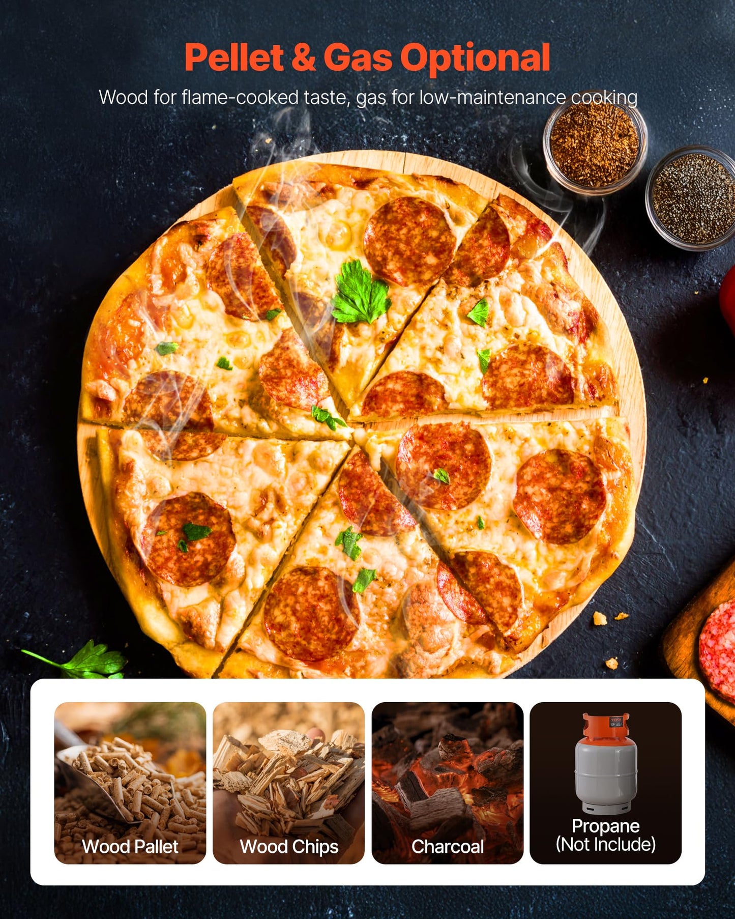 VEVOR Dual Fuel Outdoor Pizza Oven, 12" Auto-Rotating Propane & Wood Pellet Pizza Ovens, Multi-Fuel Pizza Maker with Electric Rotation System & Thermometer, for Outside Patio Camping & Backyard