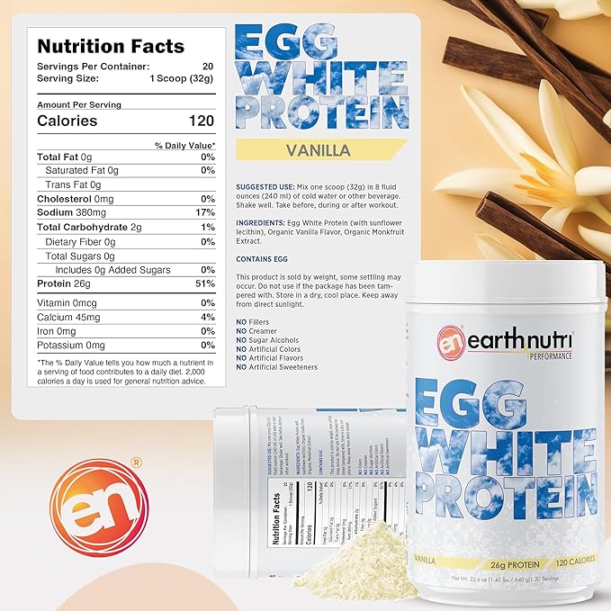 EarthNutri - Egg White Protein Powder Supplement for Pre, Intra or Post Workout, 26g of Protein Per Serving, Supports Muscle Strength & Recovery, No Artificial Additives - Vanilla 20 Servings (640g)