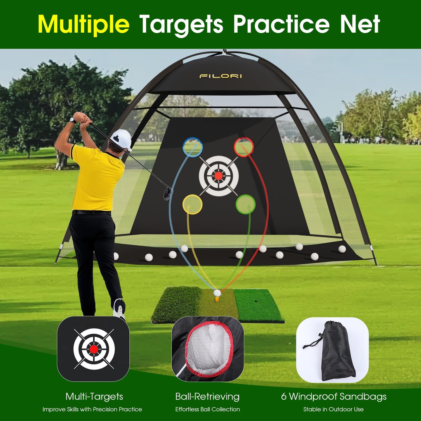 FILORI Golf Practice Net 10x7FT - Golf Hitting Net with Tri-Turf Mat, 8 Balls, Tee & Carry Bag, Indoor/Outdoor Backyard Training for Driving Chipping Swing, Ideal Gifts