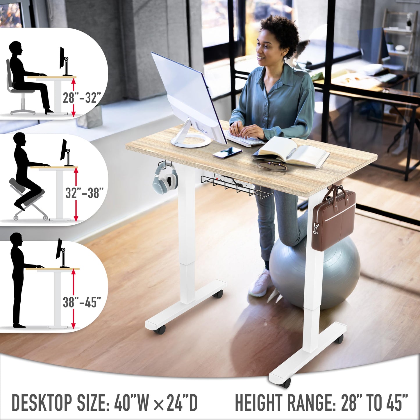 SHW 40-Inch Mobile Electric Height Adjustable Sit to Stand Desk with Drawer, Hanging Hooks and Cable Management, Maple