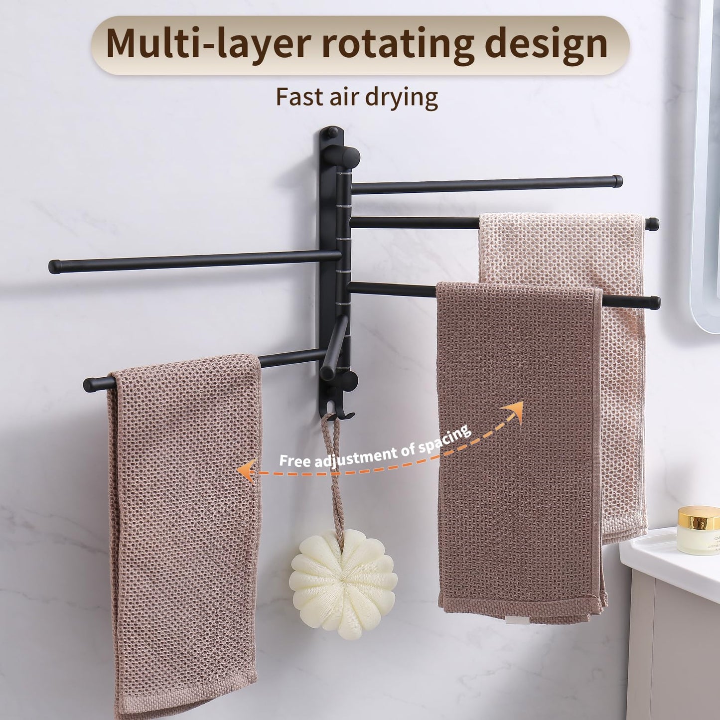 Swivel Towel Rack, 14" Thicken 304 Stainless Steel 6-Arm Adjustable Towel Bar,Wall Mounted Towel Holder with Hook, Space Saving for Kitchen, Bathroom, Outdoor (Black, 6 Arms)