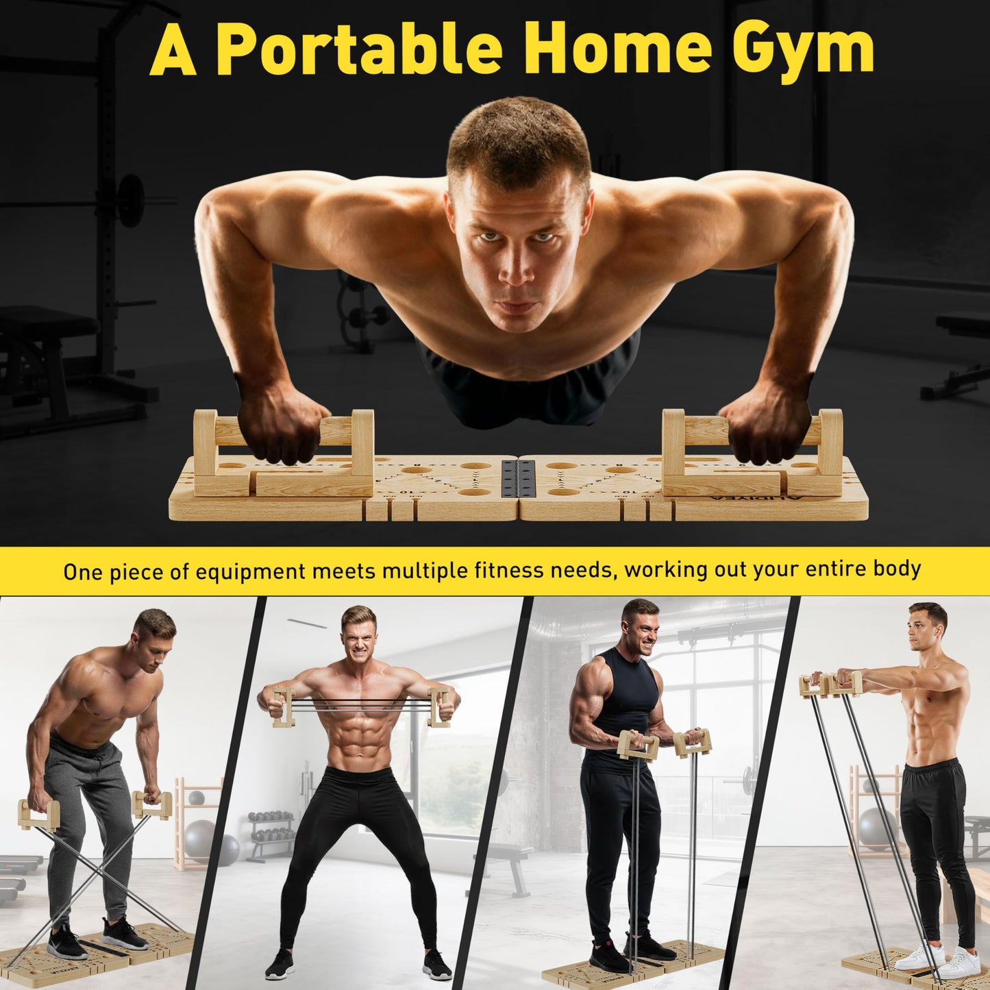 Push Up Board 30 in 1 Foldable with Resistance Bands - Thickened Pine Wood Multi-Push Up Board for Men & Women, Portable Gym/Home Workout Gear for Chest, Shoulders, Arms & Back