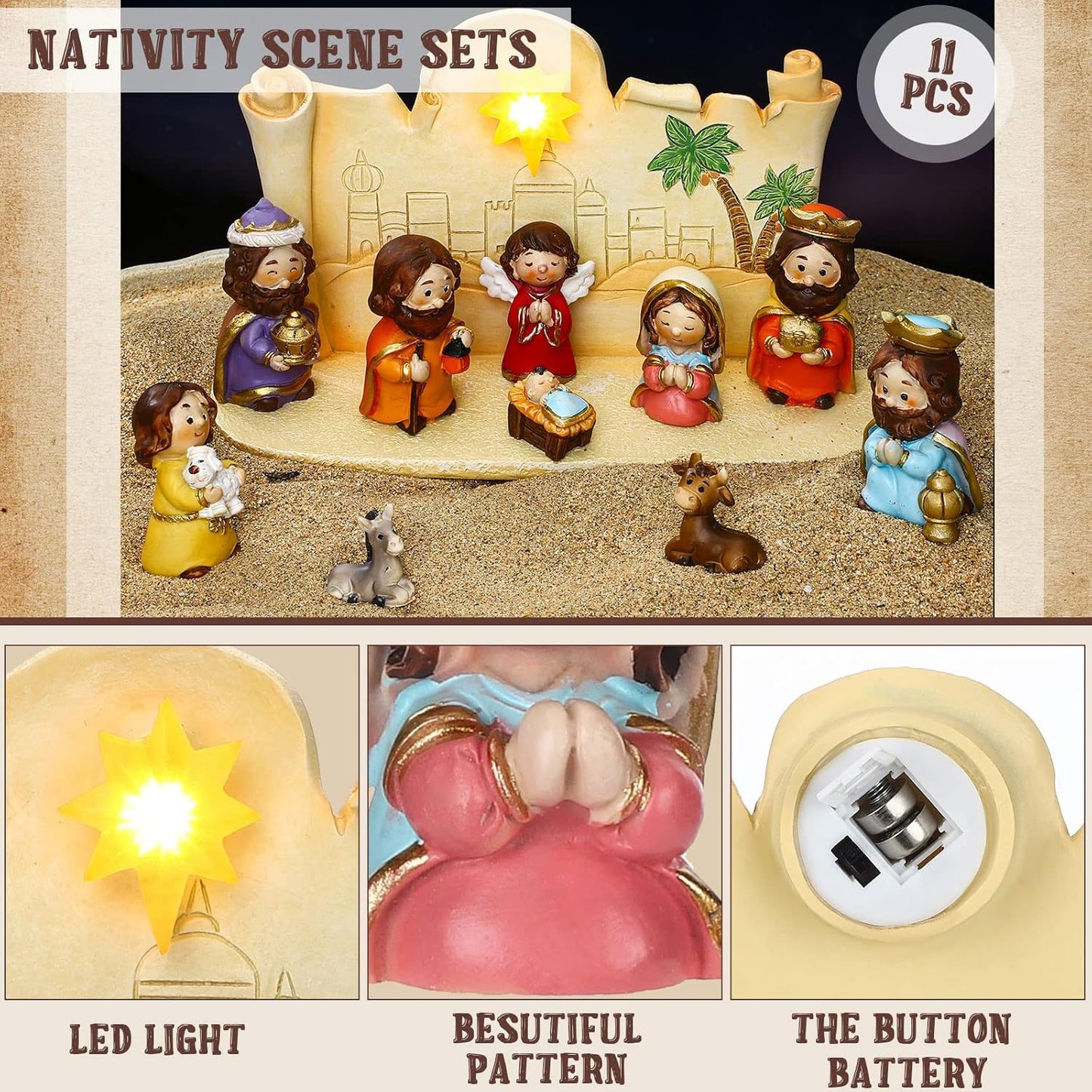Skiennix Mini Christmas Nativity Set - 11 Colorful Figurines with Light & Rearrangeable Manger Decor