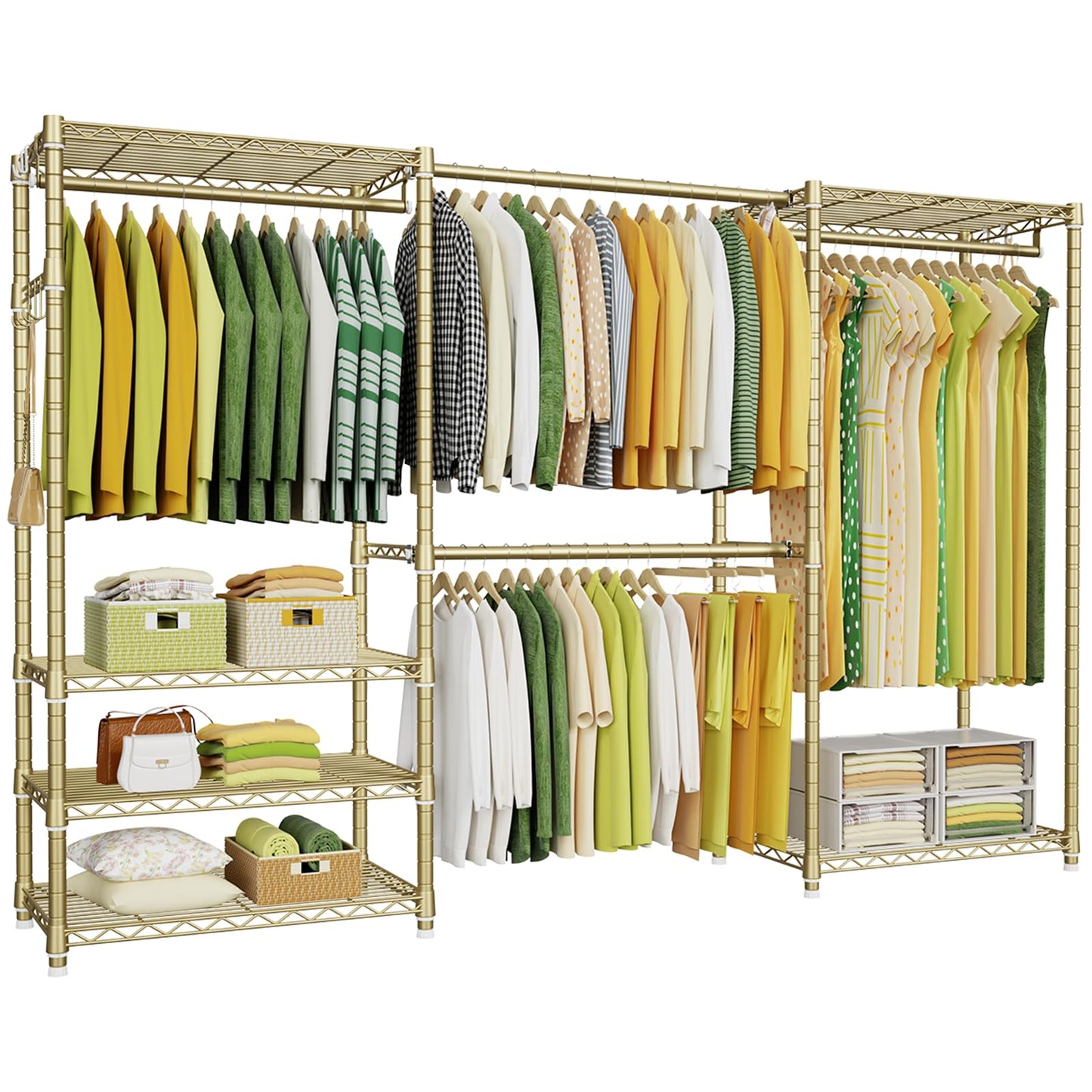 Ulif E1 Heavy Duty Closet Garment Rack, 6 Tiers Adjustable Metal Freestanding Expandable Clothing Storage with 4 Hanger Rods, Easy to Assemble Wardrobe, 71.4" H x (70" - 88.2") L x 14" D, Gold