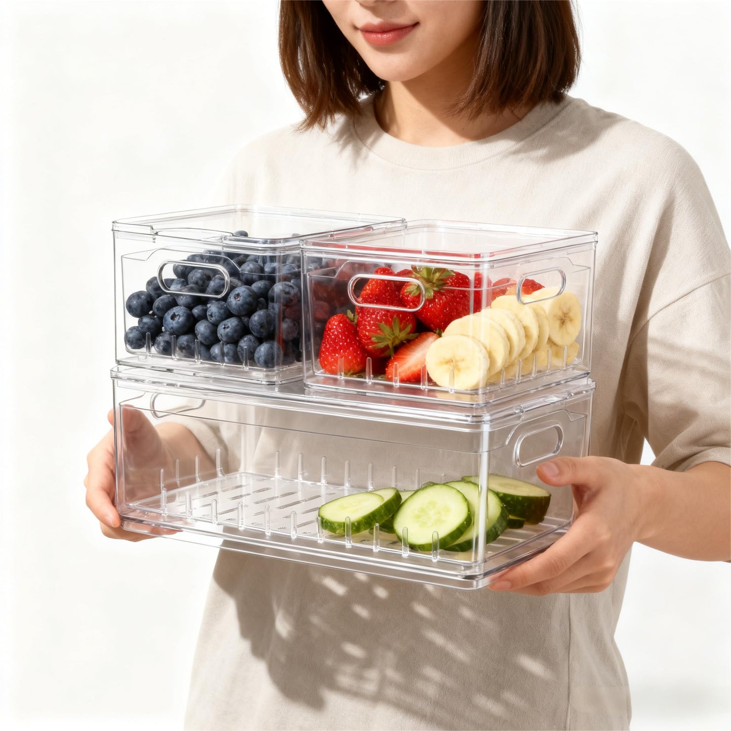 Tayuoo Transparent PET Fruit Draining and Washing colander food storage boxes plastic cookie containers refrigerator organizers (2, Square)