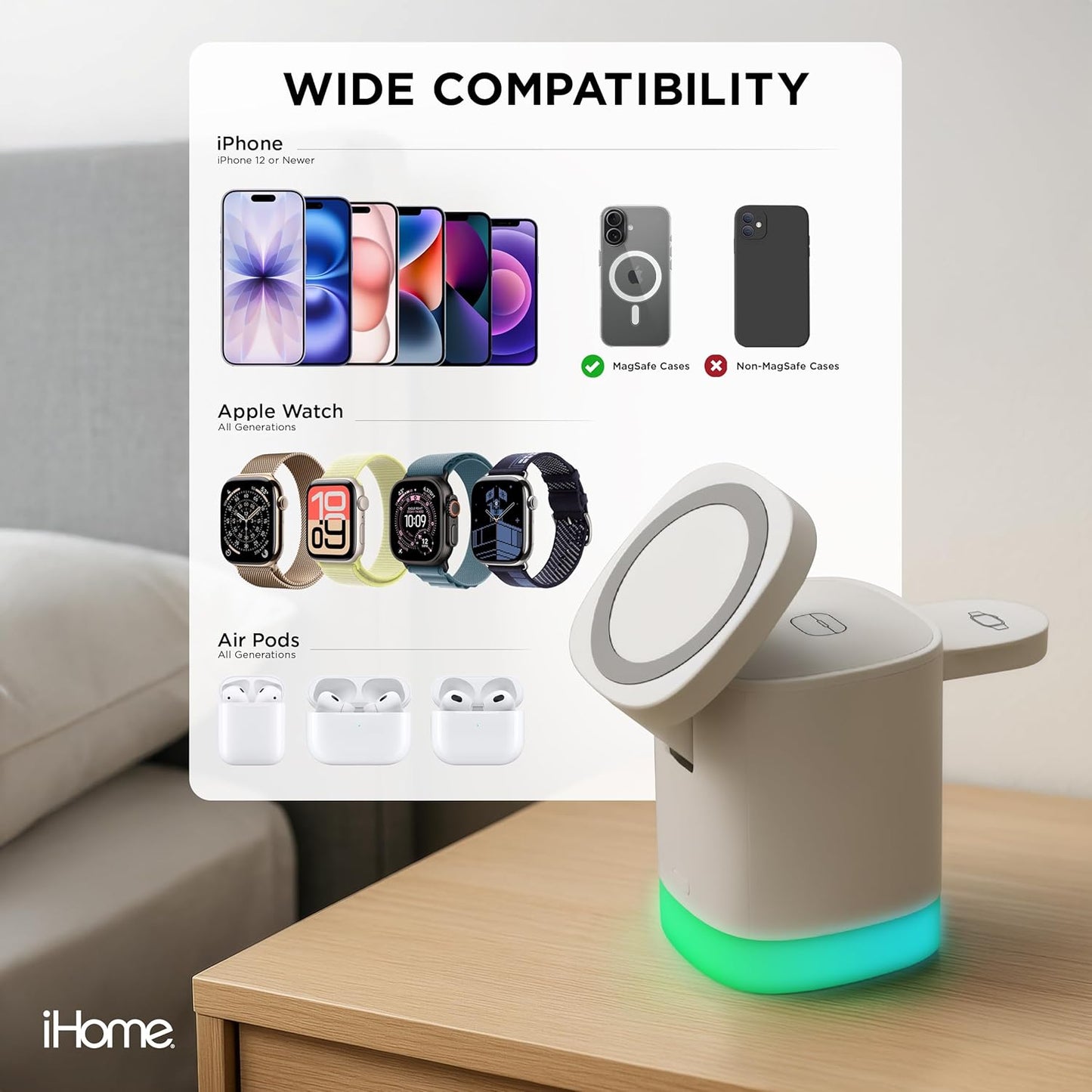 3-in-1 15W iHome Wireless Charging Stand, Fast Charge, LED Light, MagSafe Compatible, Foldable Design