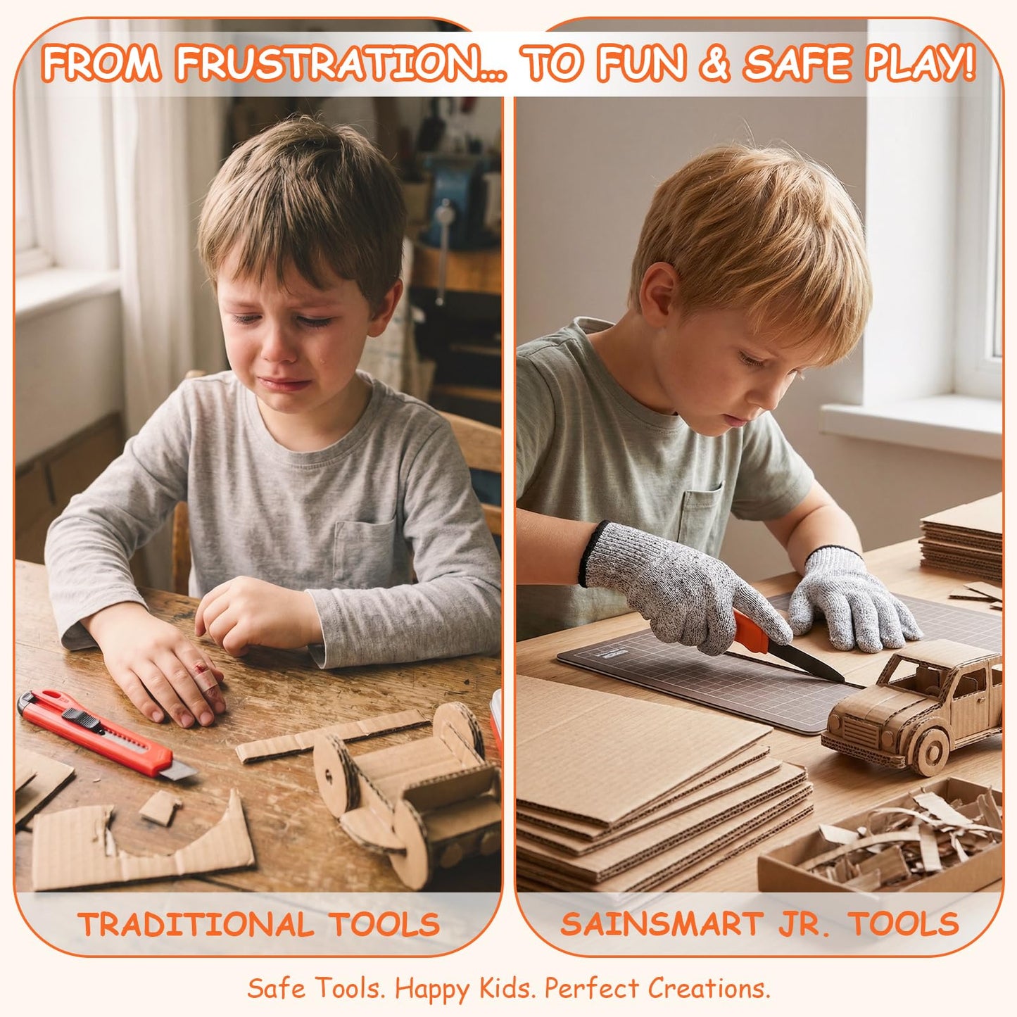 SainSmart Jr. 228 PCS Cardboard Construction Kit, Cardboard Tools for Kids STEM Projects, Classroom & Family DIY Activities | Reusable Cutting Tools with Safe Cutter, Tool Box & Tape Measure