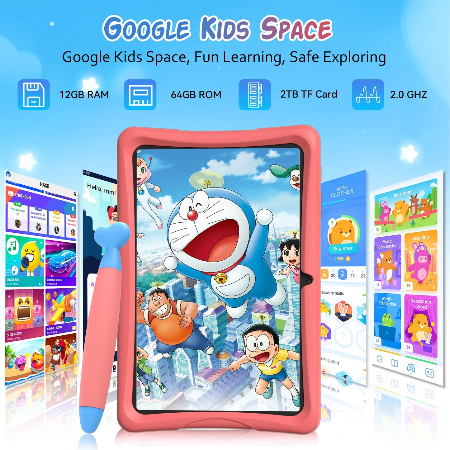 2026 Upgraded TABWEE Kids Tablet 10 Inch, Latest Android 15 Tablet for Kids Ages 6-12, 12GB RAM 64GB ROM (Expandable 2TB), HD Eye-Care Display, Parental Control, WiFi, Kid-Proof Case & Stylus Included