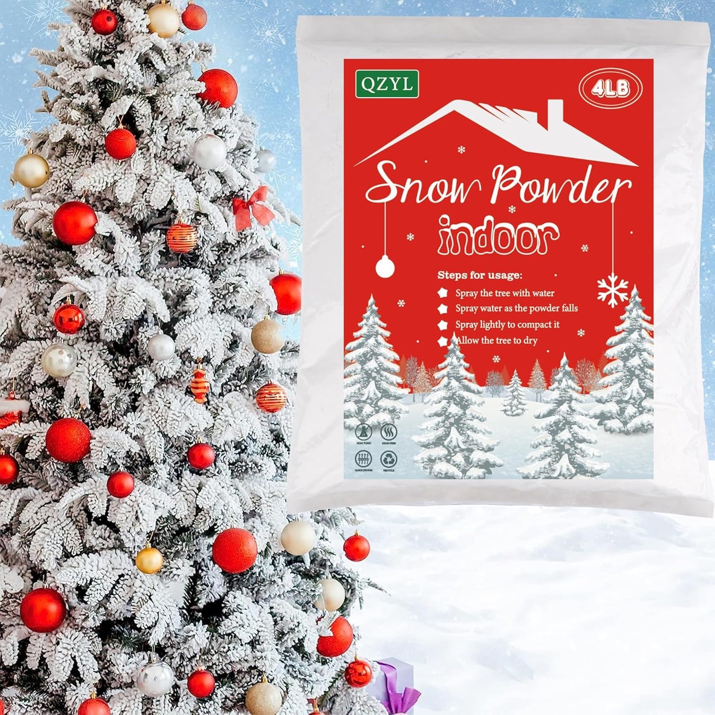 QZYL Snow Flocking Powder - 4 lbs Self-Adhesive Fake Snow for Christmas Trees & Crafts