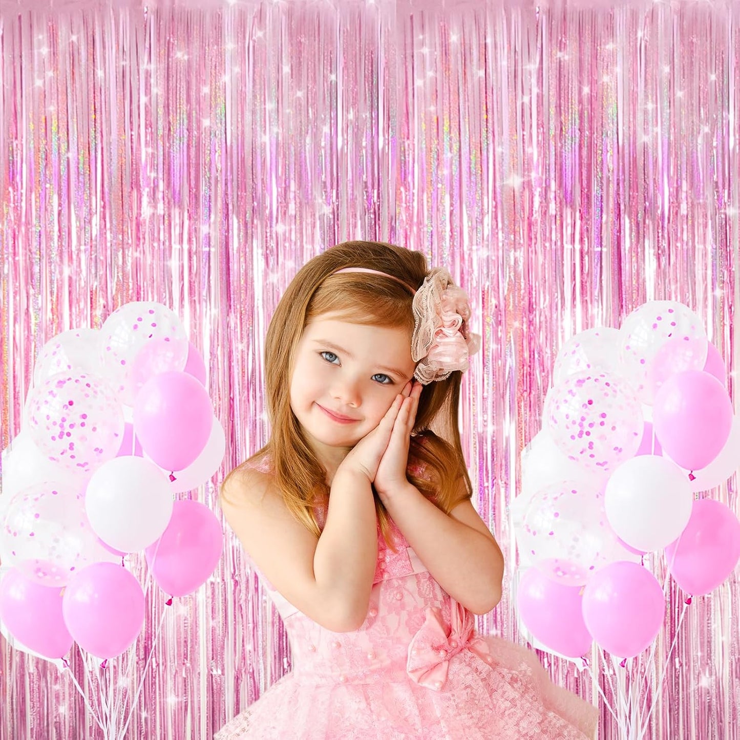 Skiennix Shiny Pink Tinsel Foil Fringe Curtains - 2 Pack Party Backdrop for Birthday & Baby Showers
