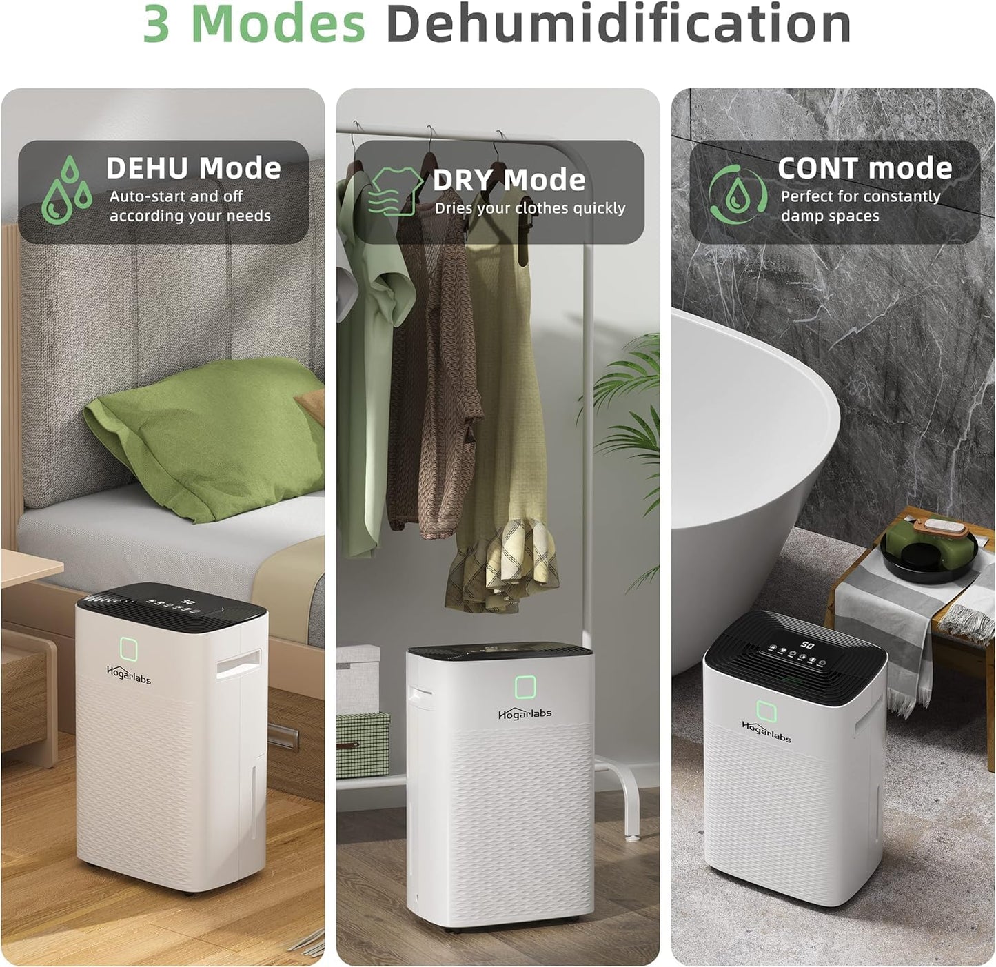HOGARLABS Smart Dehumidifiers for Home and Basements, with 3 Working Modes, Overflow Protection, Dehumidifier with Drain Hose and Digital Control Panel. (50 Pints for basement)