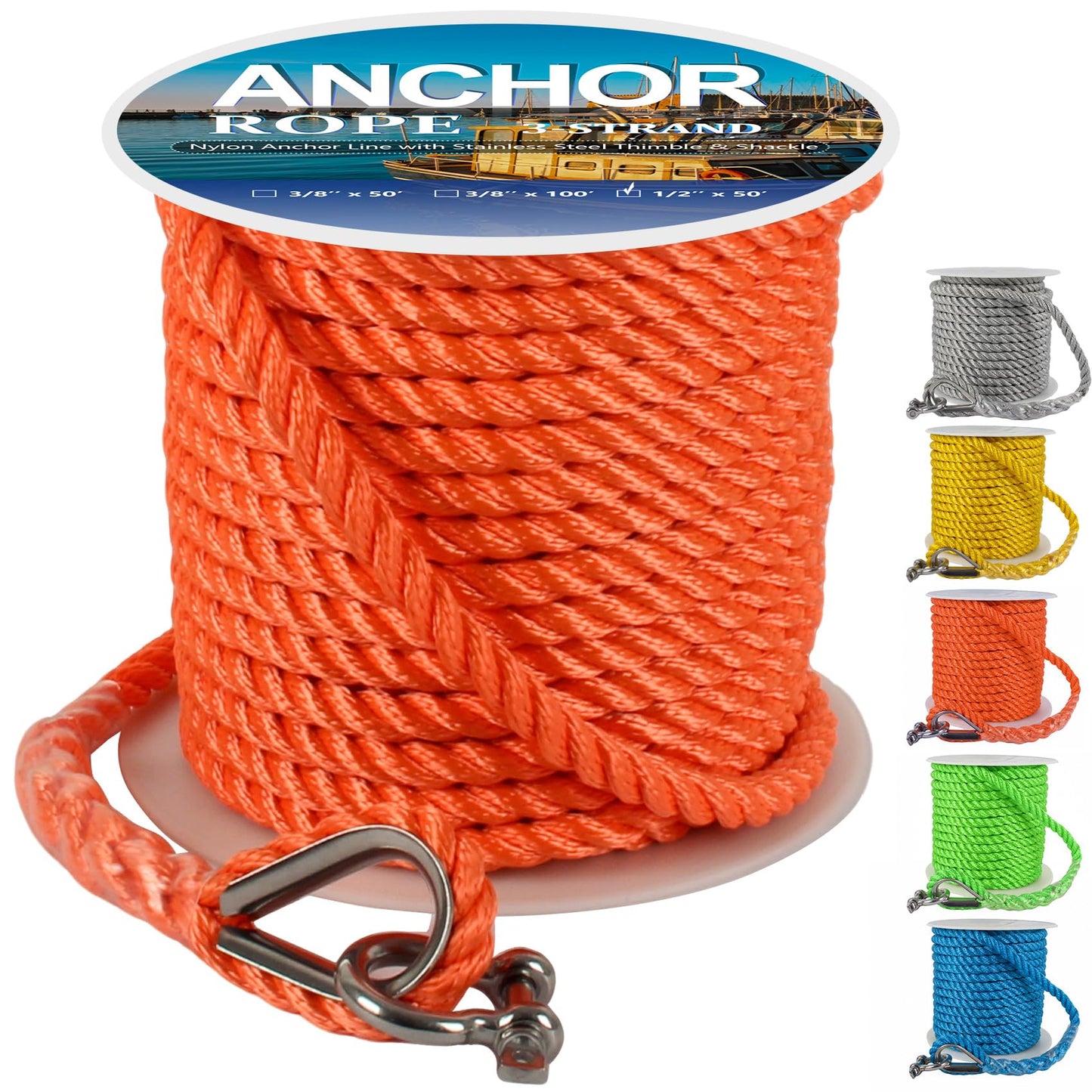 Anchor Rope 50 ft X 1/2 inch, 3-Strand Twisted Nylon Anchor Line, Boat Rope with Stainless Steel Thimble and Shackle for Boating, Anchoring, Mooring,Pulling (Orange)