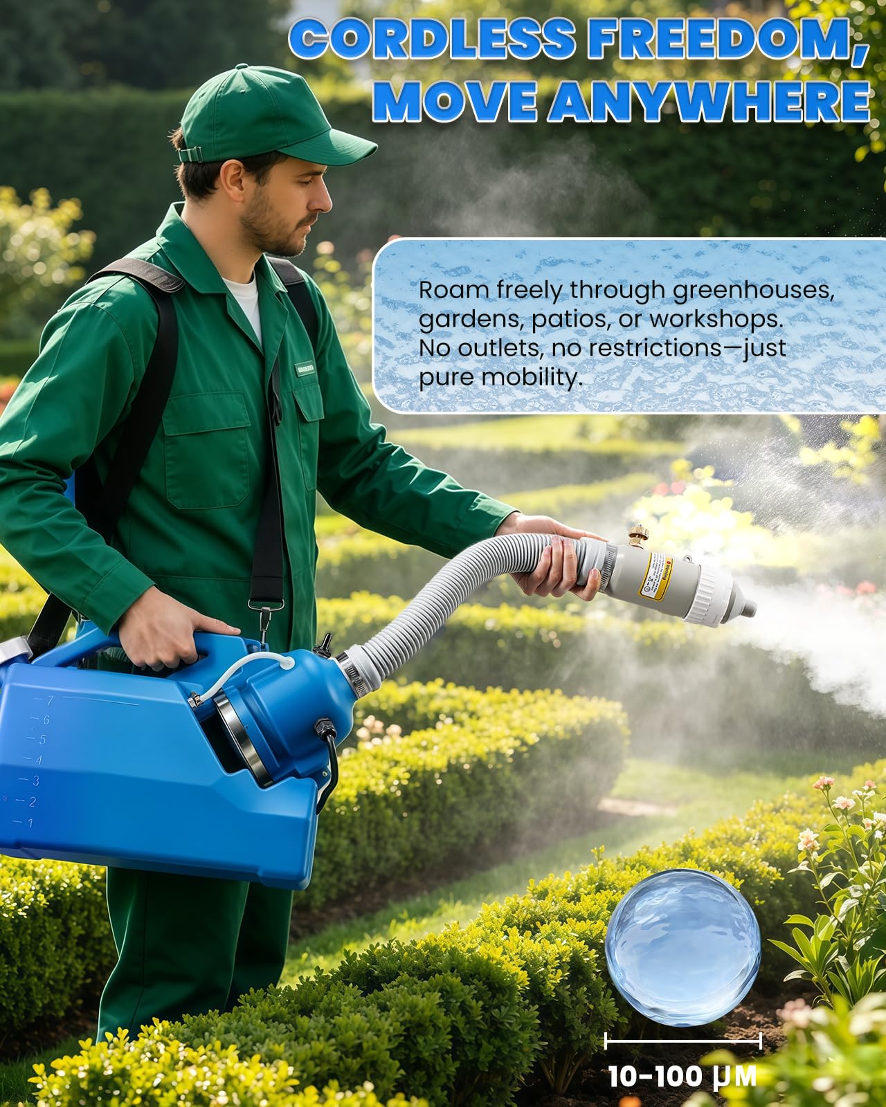 Cordless ULV Sprayer 24V Lithium Battery Powered, 7L (1.85 Gallon) ULV Fogger Machine 250W/300W Dual-Mode, 60-100 Mins Runtime, 10-100 Micron Adjustable Fine Mist for Garden Patio Home Use