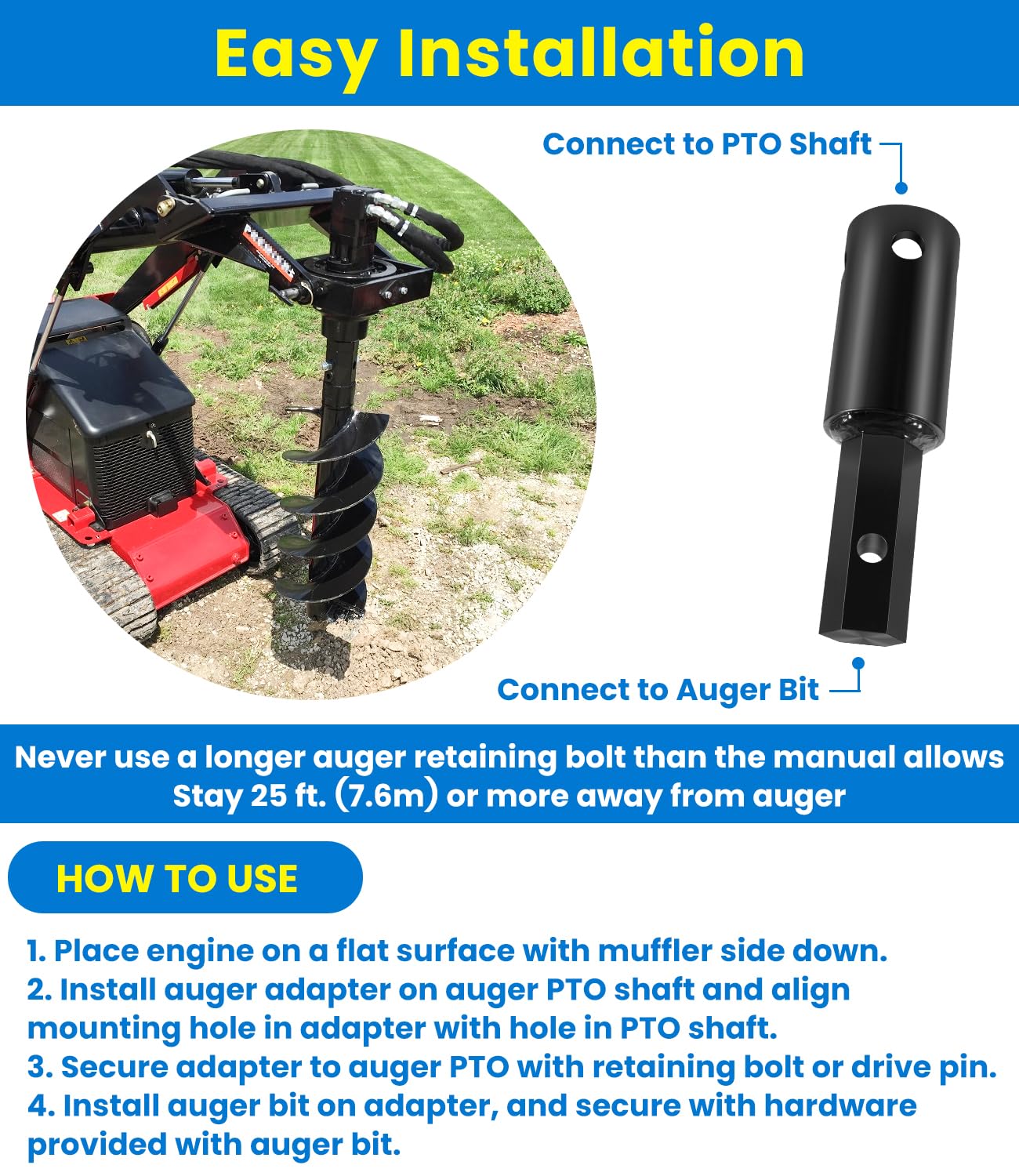 Heavy Duty Auger Adapter 2-9/16" Female Round to 2" Male Hex for Augers, Skid Steers, Tractors, Post Hole Diggers