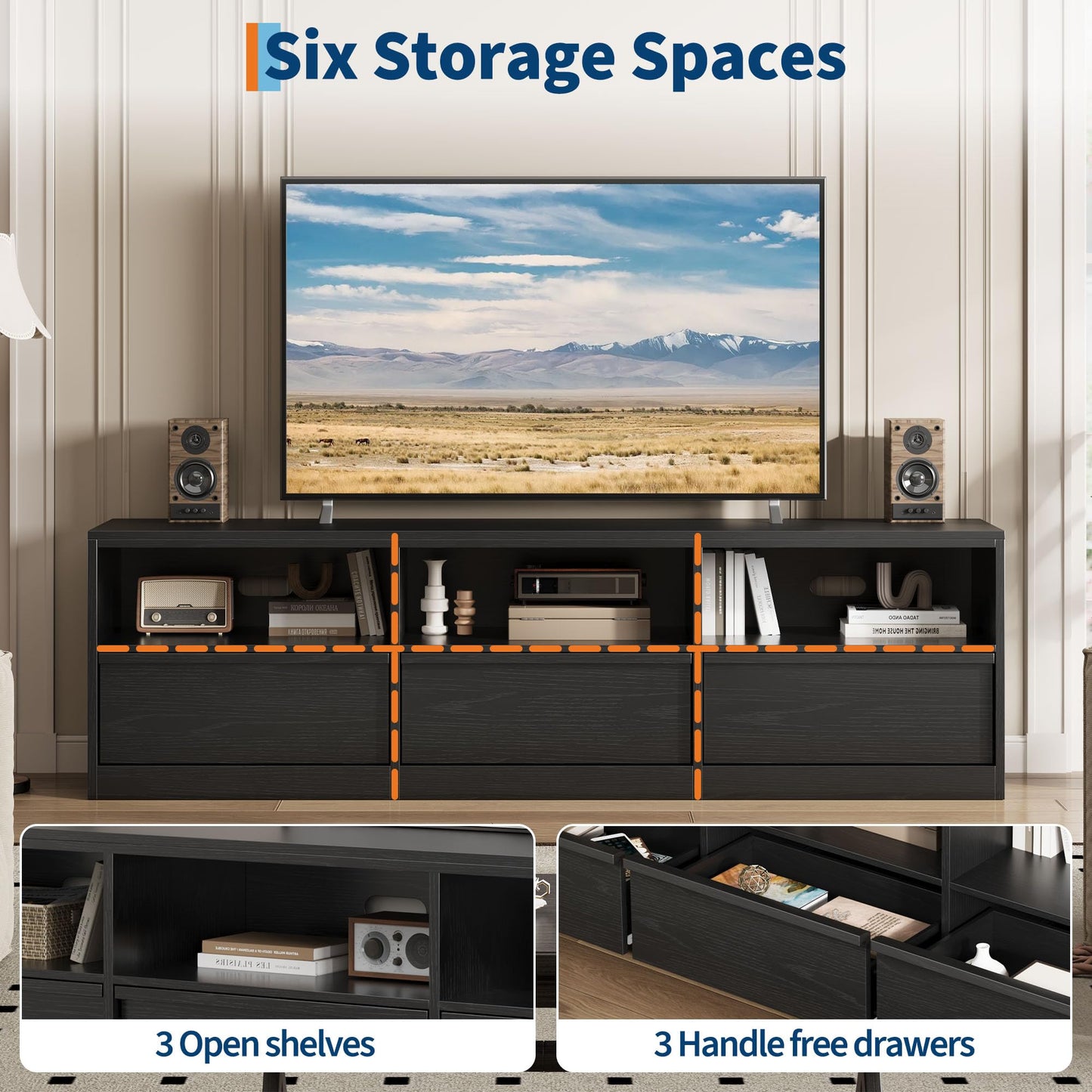 IDEALHOUSE 70" TV Stand for 75 80 Inch TV, Mid-Century Modern Entertainment Center with Storage Drawer & Open Shelves, Wood Media Console Table for Living Room & Bedroom, Black