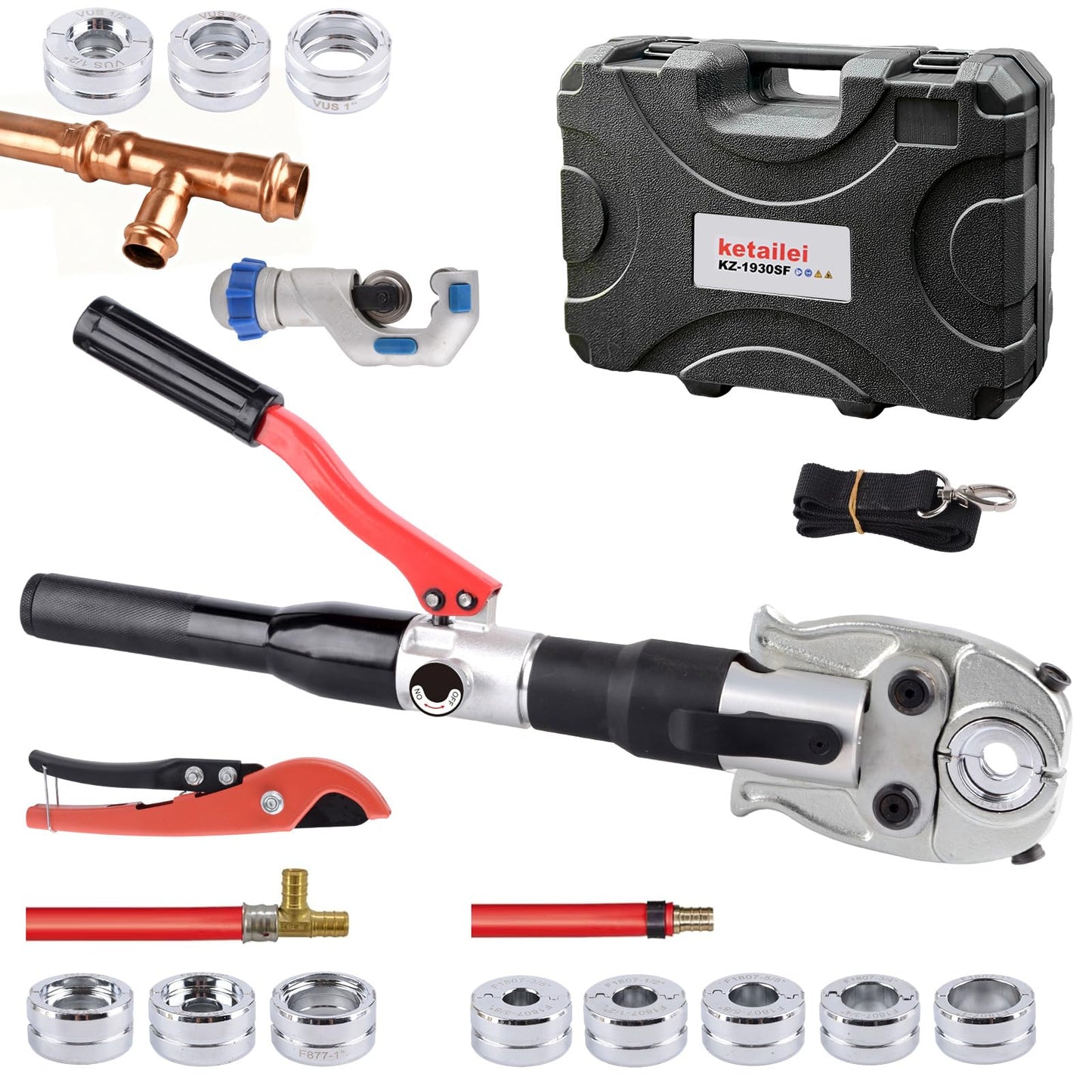 ketailei Hydraulic Crimping Tool | 65MPa Auto Pressure Relief | 1/2"-1" Dies for Copper Pipes & F877 PEX Sleeves | 3/8"-1" Dies for ASTM F1807 PEX Rings（KZ-1930SF）