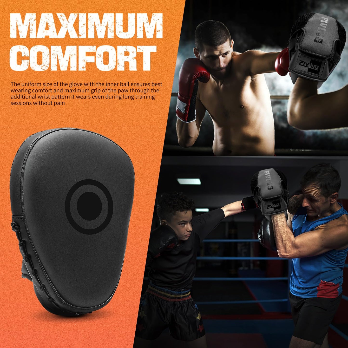 Boxing Pads for Men, Women, & Kids, Leather Focus Mitts for Martial Arts, Boxing Training, Curved Punch Mitts for Karate, Kickboxing,Muay Thai, Taekwondo Black/Black