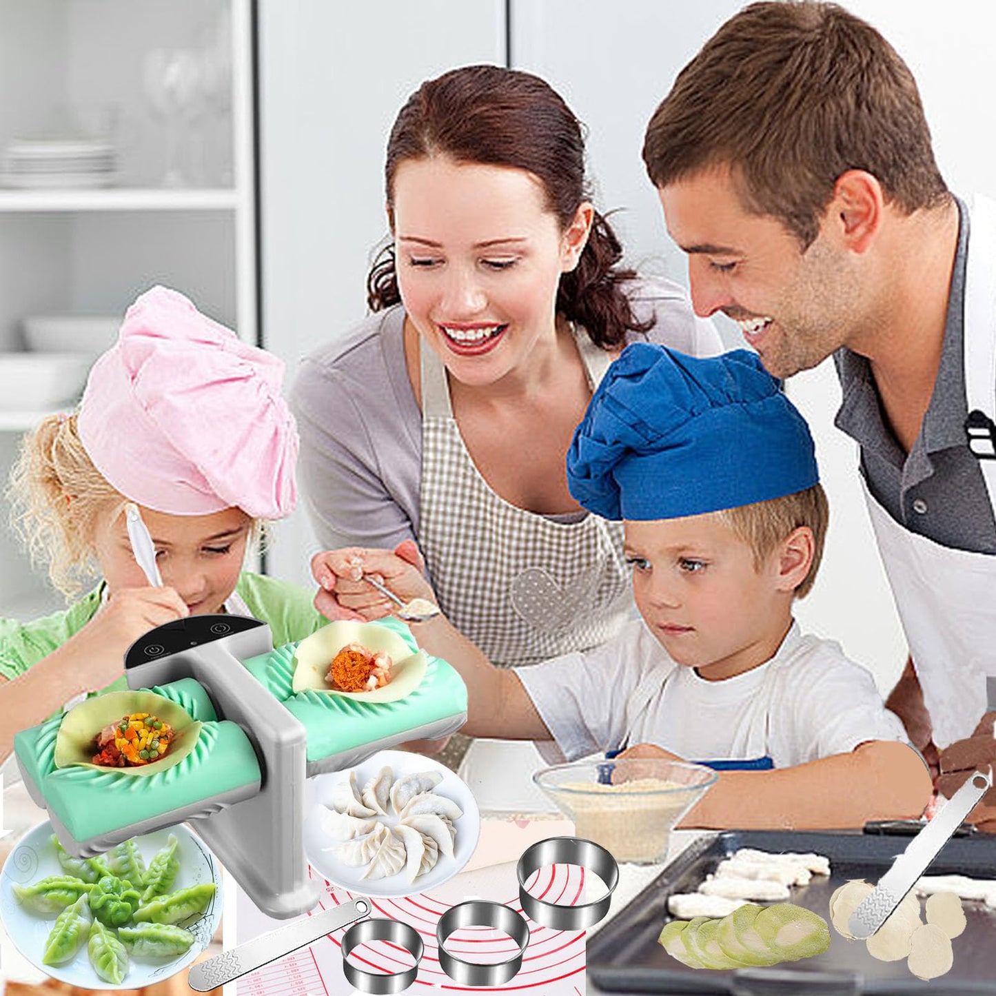 Electric Dumpling Maker Two Sizes Double Head Automatic Electric Dumpling Maker Machine Mould Household Quick Rechargeable Dumpling Maker Kit with Silicone Baking Mat,Dough Cutters,Spoon Brush