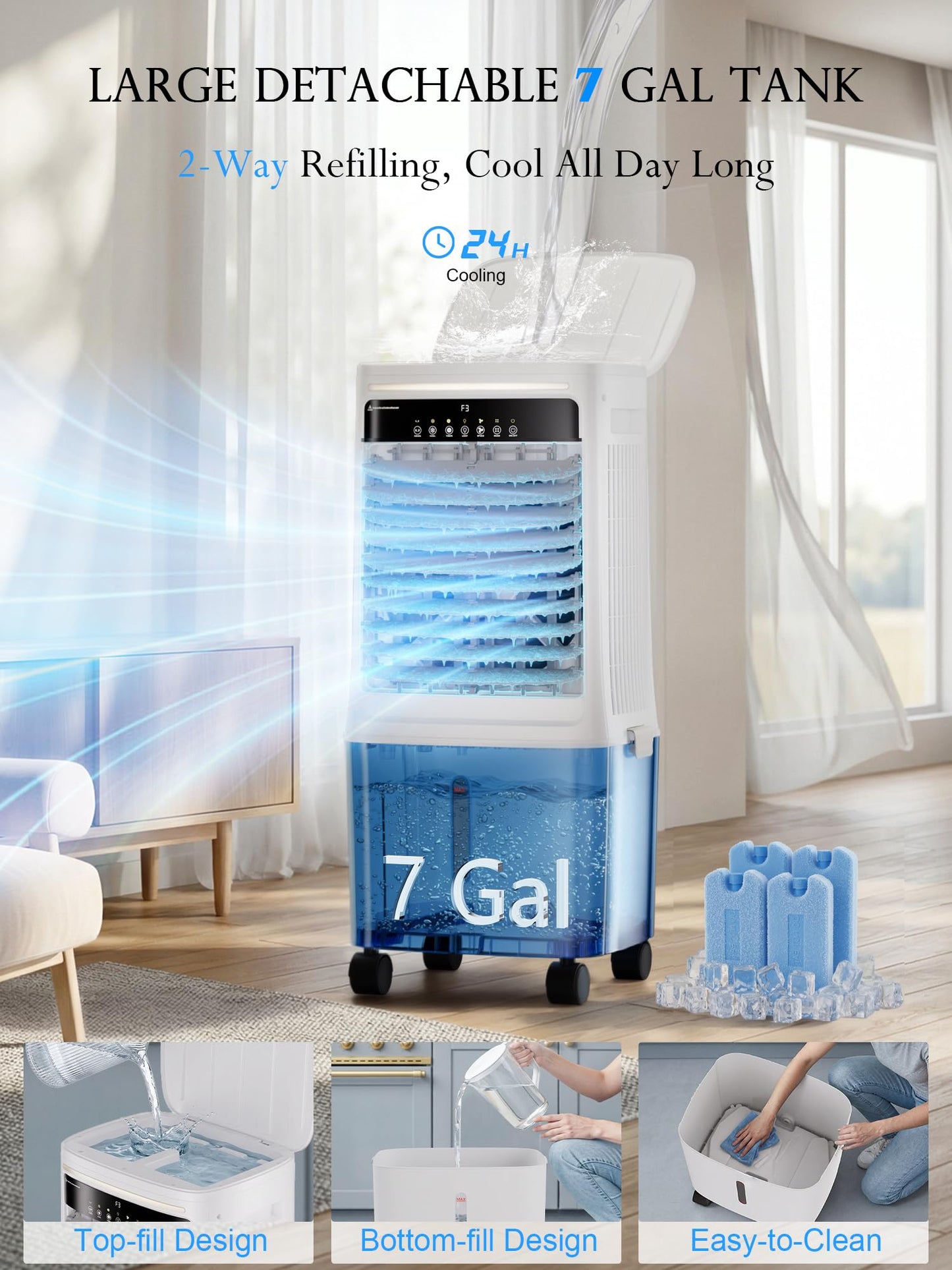 Uthfy 2200CFM Swamp Cooler Air Conditioner, Evaporative Cooler with Dual Water Tanks for 24H Cooling, 120° Oscillating, Ambient Light, 7 GAL Detachable Water Tank, 12H Timer, Portable AC for Bedroom