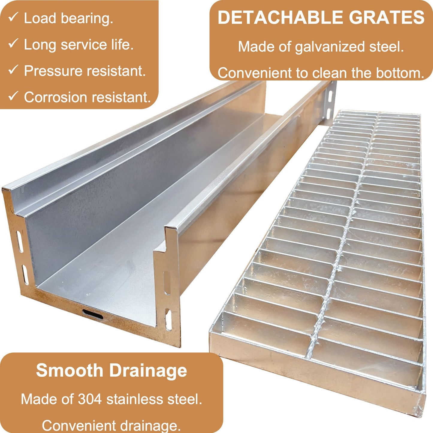 DuuMuut 304 Stainless Steel Channel Drain with Galvanized Steel Grate 39.4x9x6 in, B-Class 28100 lbs Heavy-Duty Drain Kit for 3" Pipe, Trench Drainage System for Outdoor, Driveway, Garage, Yard
