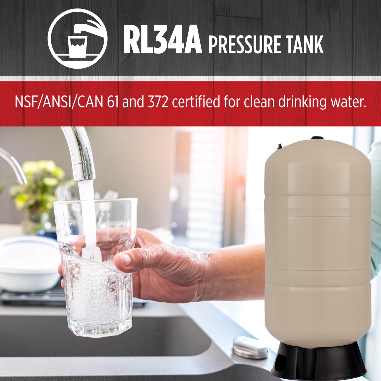 Red Lion RL34A 34-Gallon Vertical Pre-Charged Pressure Tank with Thermoplastic Base for Well Pumps, 1-Inch FNPT System Connection, Almond, 604683