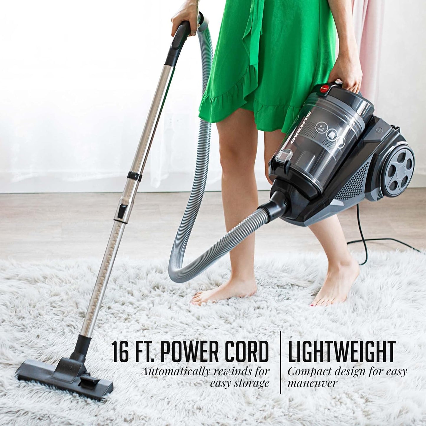 OVENTE Bagless Canister Vacuum Cleaner - 1400W Powerful Suction, 3L Dust Cup, Lightweight, Black