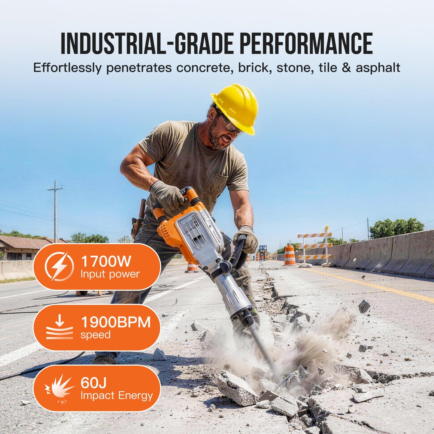 1700W Electric Demolition Jack Hammer, 1900BPM Heavy Duty Concrete Breaker Tool, 60J Impact Energy Demolition Hammer with Anti-Vibration Handle, 360° Rotating Grip, Carrying Case & 2 Chisels