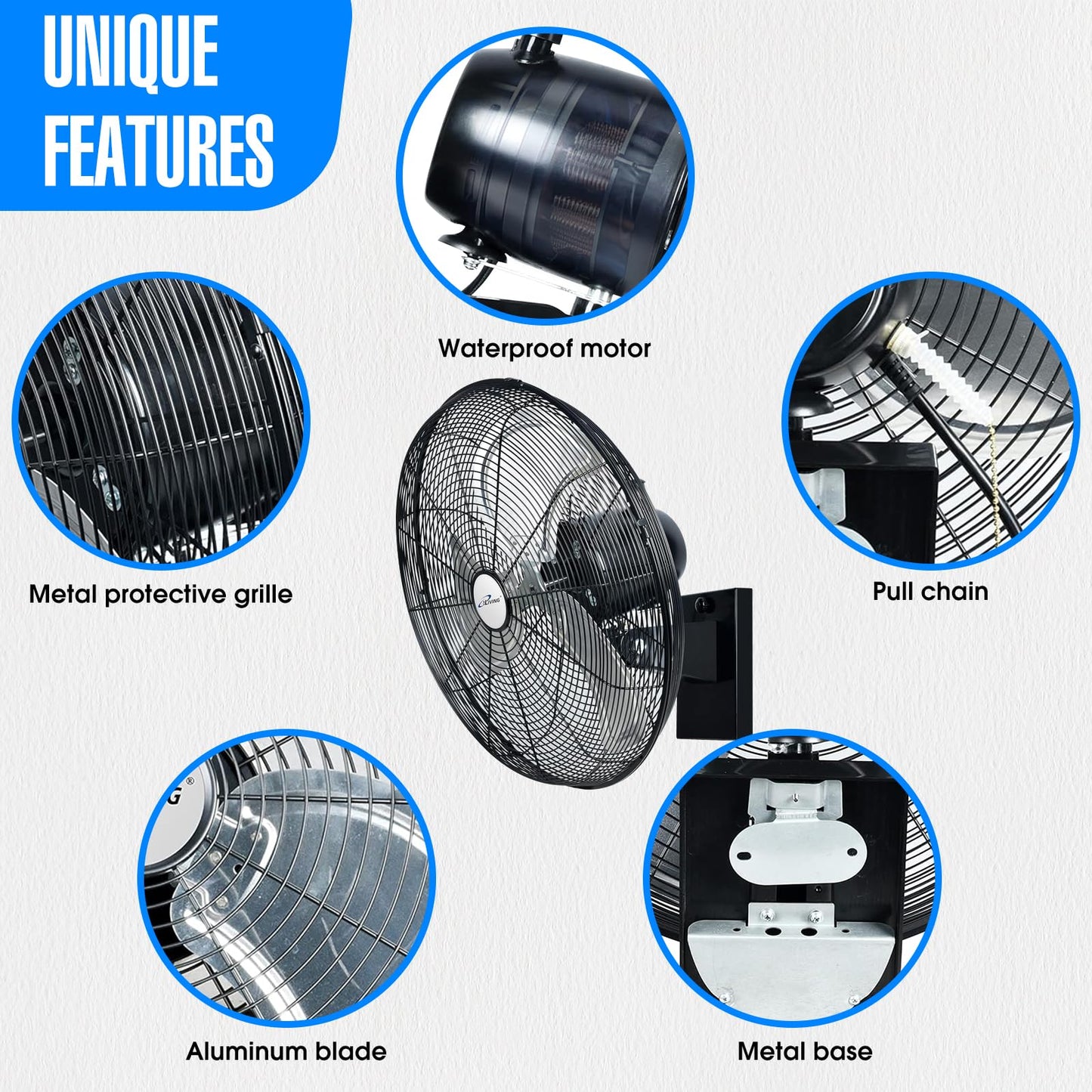 iLiving 20" Outdoor Oscillating High Velocity Wall Fan with 4750 CFM Heavy Duty Weatherproof Motor, Variable Speed Adjustment for Workshop, Garage, Patios, Commercial and industrial, 20 inch,Black