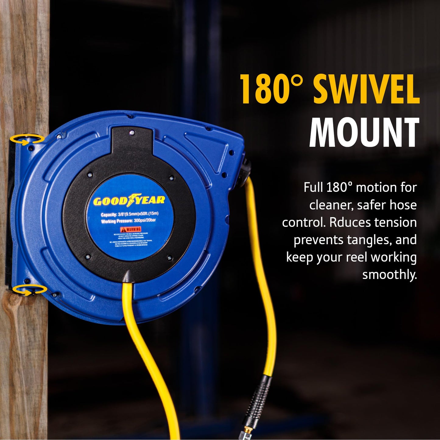 Goodyear Air Hose Reel Retractable 3/8" Inch x 50' Foot Hybrid Polymer Hose Max 300PSI Commerical Polypropylene Construction