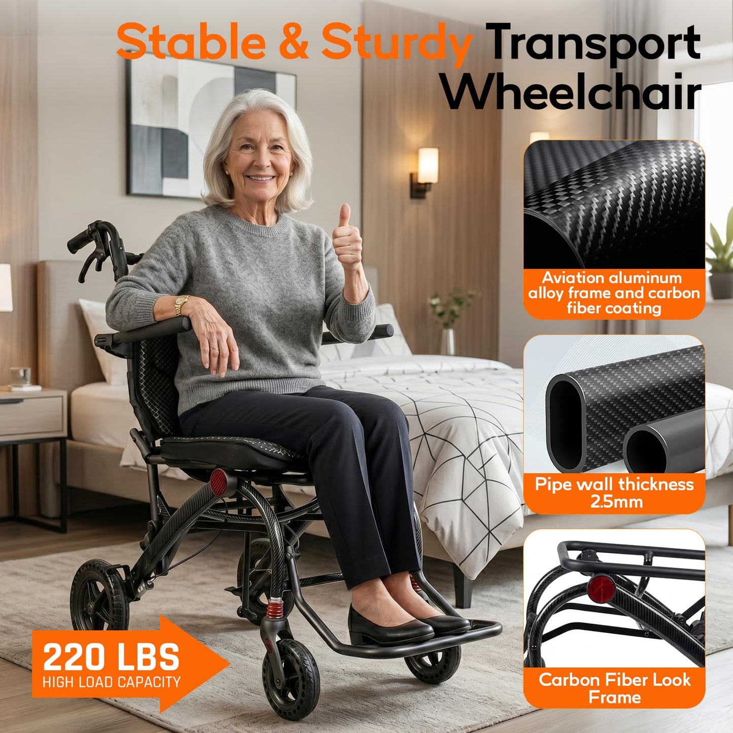 SOFTFISH Wheelchair for Adults with Pull Rod, 1s Foot-fold Transport Wheelchair Lightweight Foldable, Wheelchairs with Flip-Back Armrest & Footrest, Handbrakes, Travel Transport Chair for Seniors