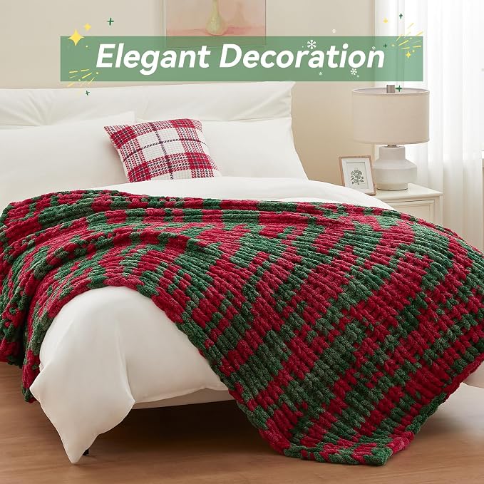 Negwoo Chunky Knit Throw Blanket, 50''*60'' Knitted Throw Chenille Yarn for Bed Couch, Handmade Stripe Crochet Big Thick Blanket, Machine Washable Cute Comfy Blanket for Home Decor