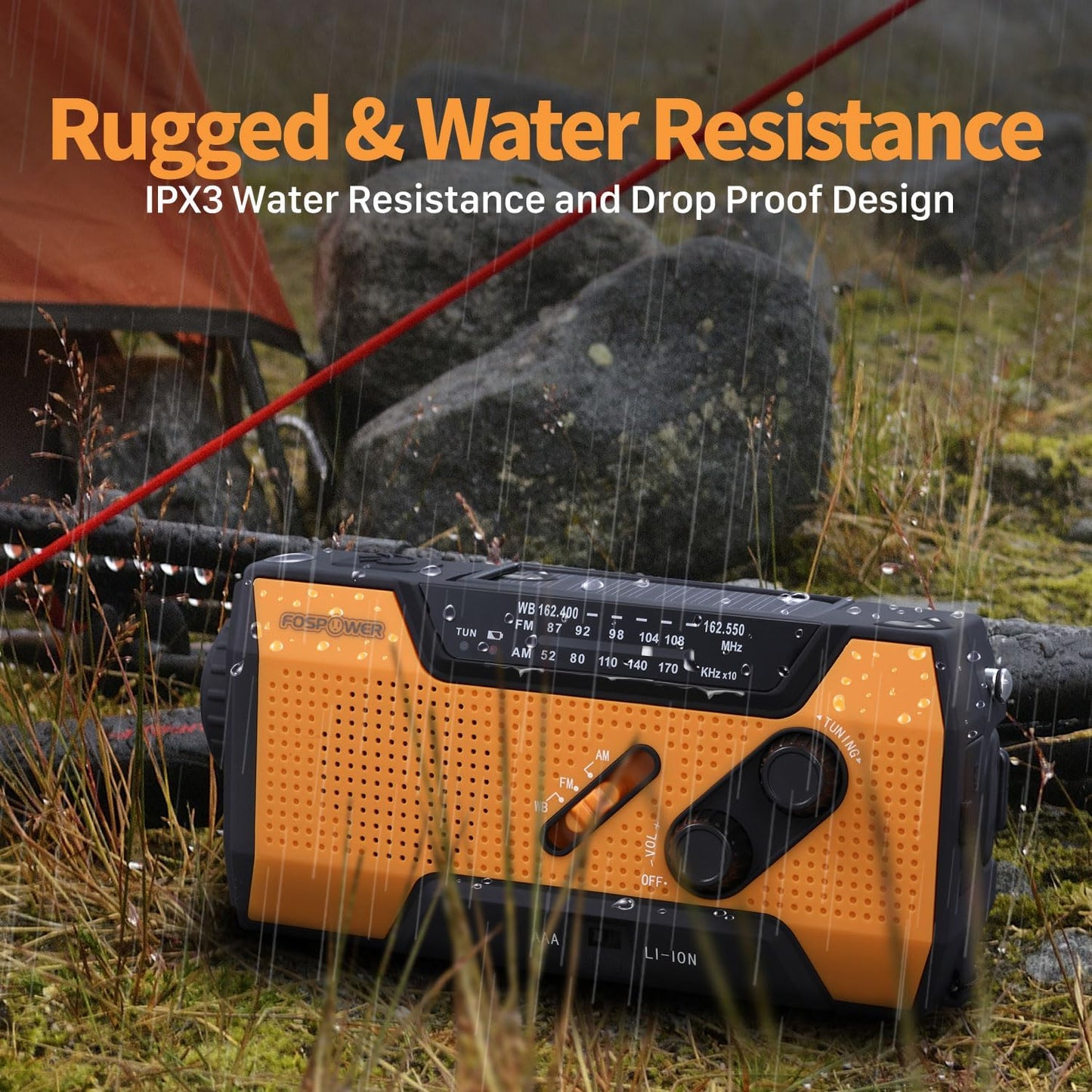 FosPower A1 7400mWh NOAA Emergency Weather Radio Portable Power Bank, AM/FM, USB/Solar/Hand Crank Charging, Battery