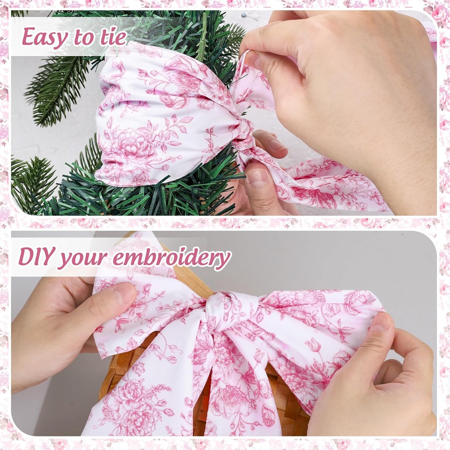 Whaline Pink Flower Wreath Sash - Chinoiserie Floral Garland Ribbon for Holiday Home Decor | 2 Pcs