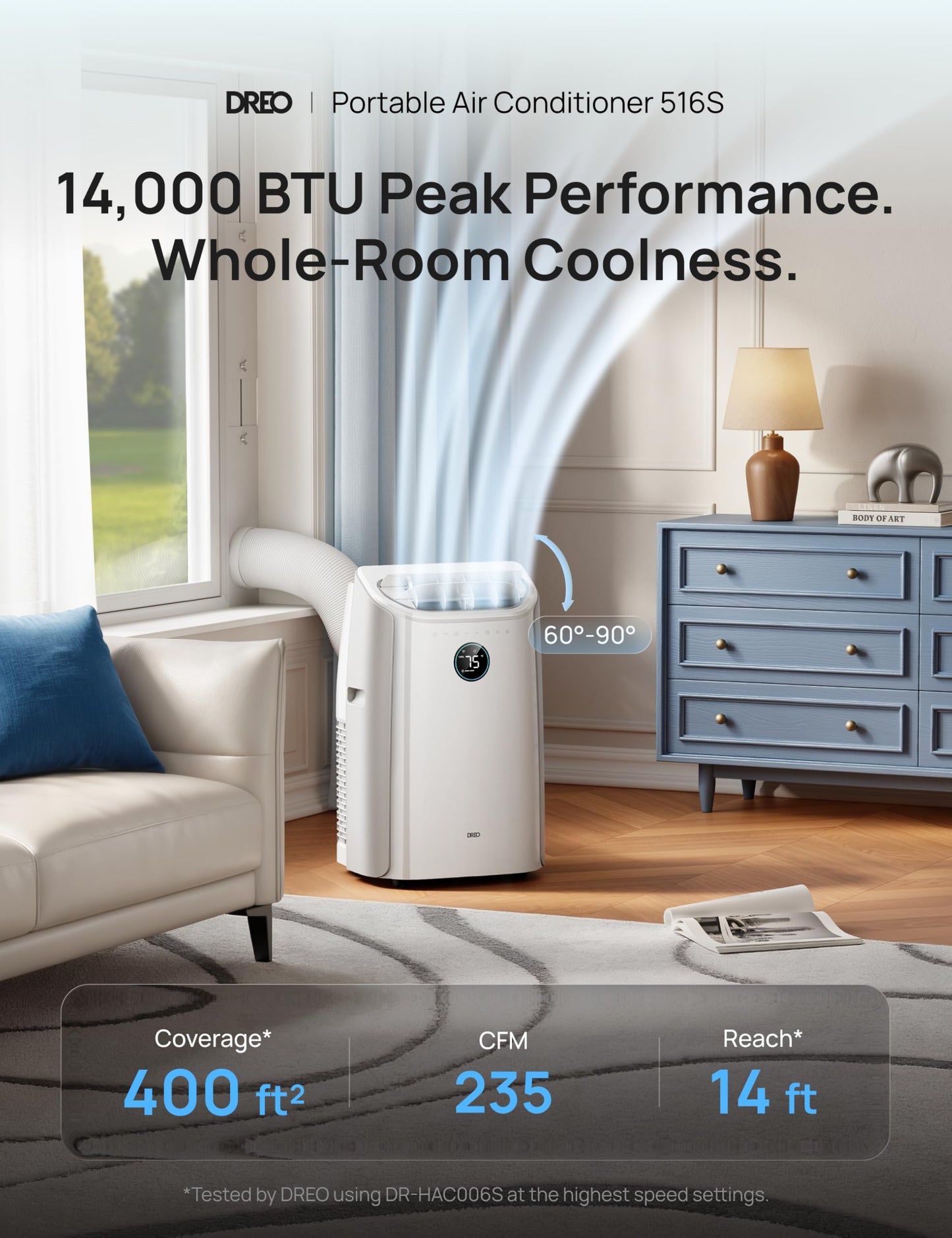 DREO Portable Air Conditioner 516S, 14000 BTU ASHRAE (10000 BTU DOE) Smart AC Unit for Bedroom with Drainage-free Cooling, Fan&Dehumidifier 3 in 1, APP/Voice/Remote, Quiet Standing AC for Room Indoors