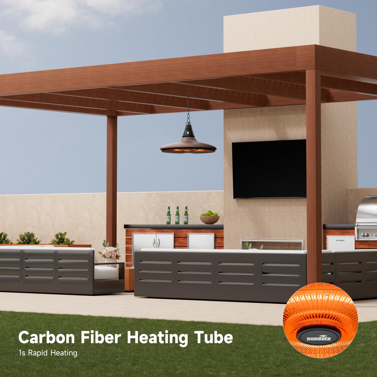 Ceiling Electric Outdoor Heater Wall-Mounted Hanging Patio 1500W Infrared Carbon Fiber Tube Heating Wall Heater for Gazebo, Balcony, Brown