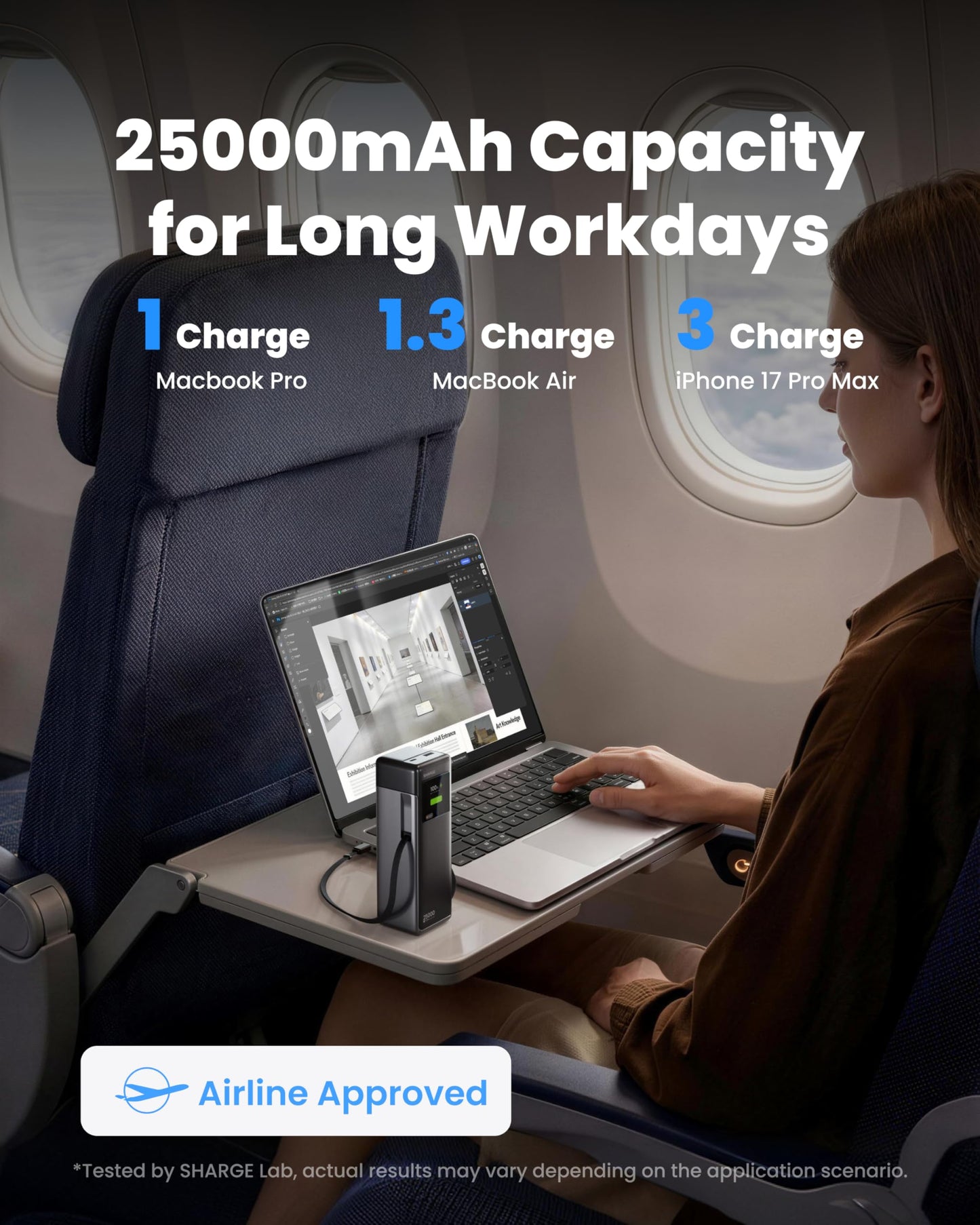 SHARGE Laptop Power Bank 25000mAh, HyperTower 170W Total Fast Charging Portable Charger, 100W USB-C Power Bank with Built-in Cables, High Capacity Travel Battery Pack for MacBook, iPhone17, Galaxy S26