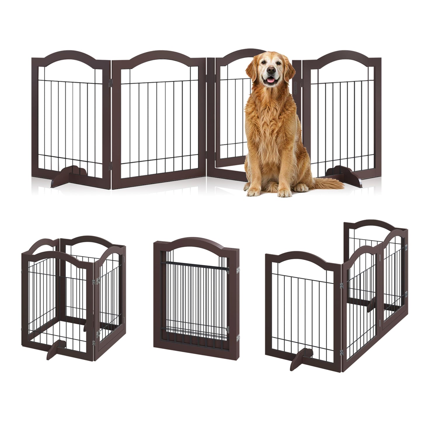 Vantas Folding No-Assembly Dog Door Pet Gate 96" Wide, 30" Tall Wooden Dog Gate with Door Walk Through, Freestanding Wire Pet Gate, Pet Puppy Safety Fence, with 2PCS Support – Espresso