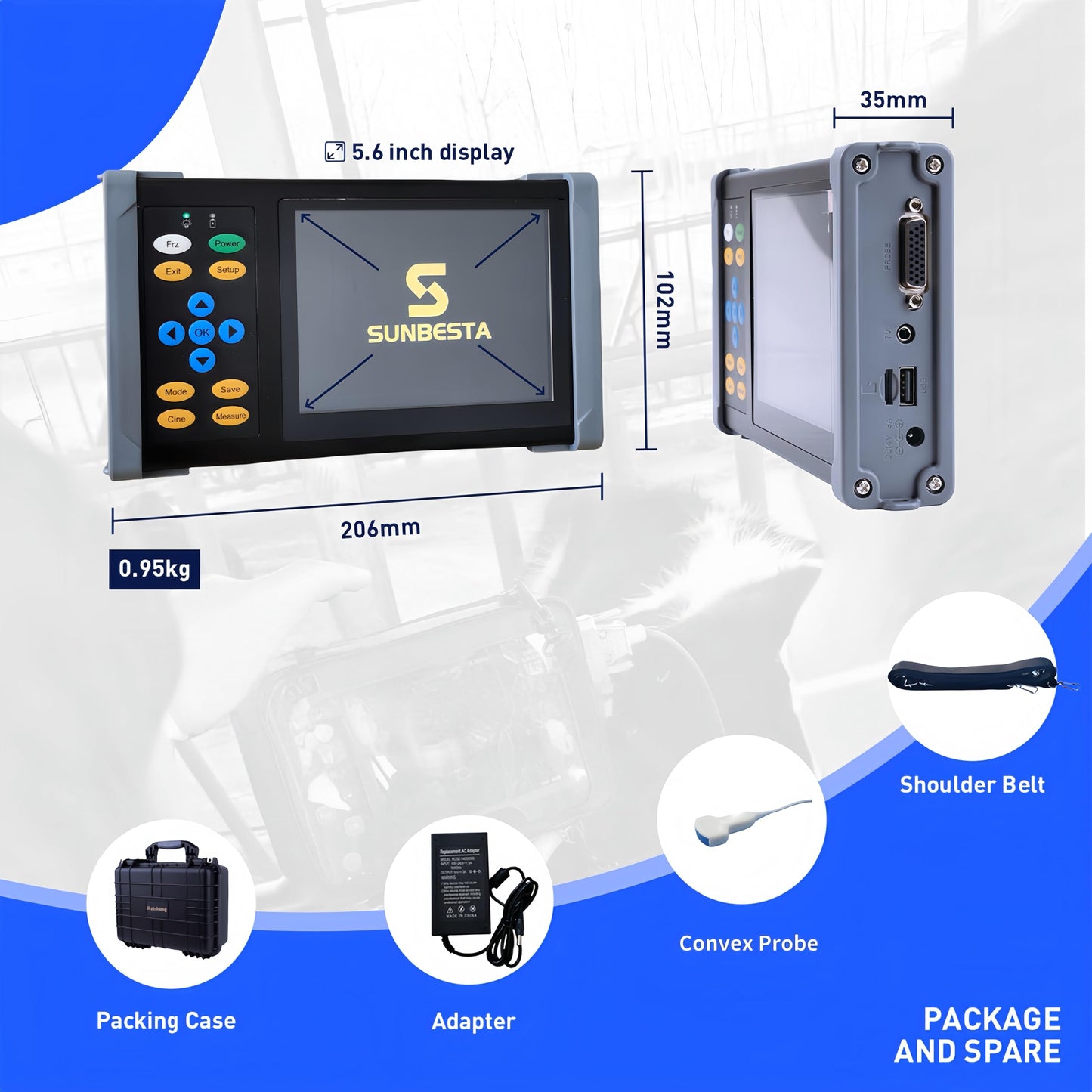 SUNBESTA Veterinary Ultrasound Machine A20, 3.5MHz Convex Probe, Aluminum Alloy Design, Rechargeable+ Carrying case, Friendly to Beginners, for Dog Kennels, Pig Farm and Sheep Farm Pregnancy Check
