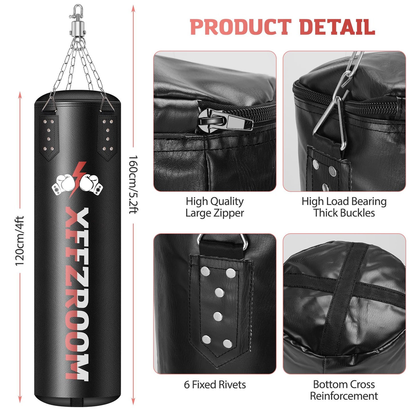Punching Bag for Adults, 4FT PU Heavy Boxing Bags with Chain Ceiling Hook, Hanging Punching Bag Set for MMA Karate Kickboxing Muay Thai Home Gym Training, Unfilled