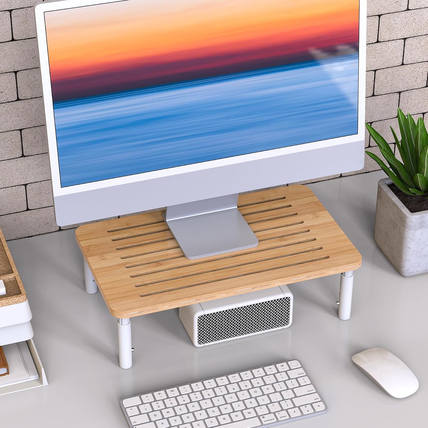 4 Bamboo Monitor Stand Riser, Adjustable Height, Laptop Stand with Airflow Vents, Desk Organizer for Computer, PC
