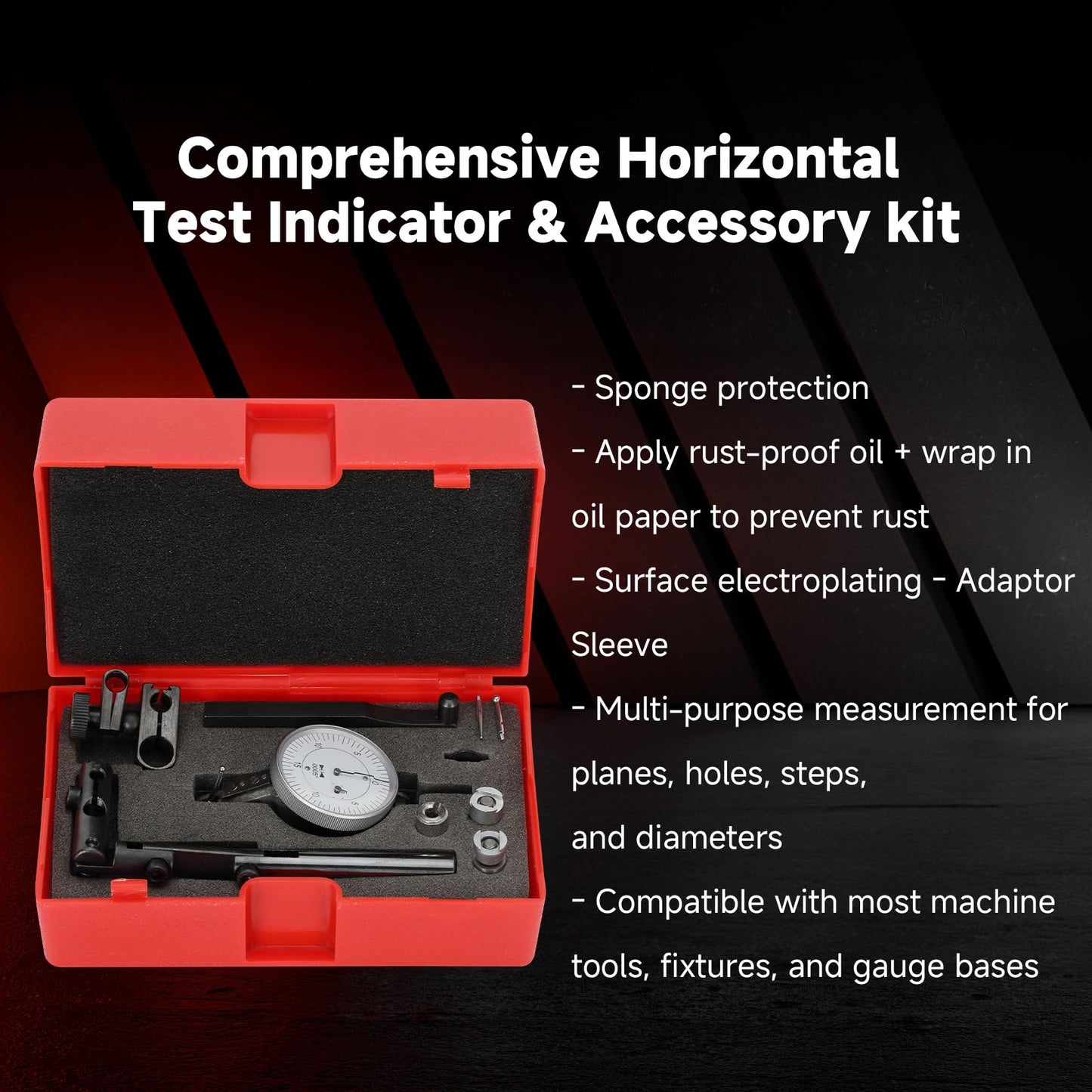 0-0.060"/0.0005" Dial Test Indicator with Dovetail Mount,Two Dovetail Clamps,1.5'' Dial Diameter Horizontal Test Indicator,0-15-0 Dial Reading