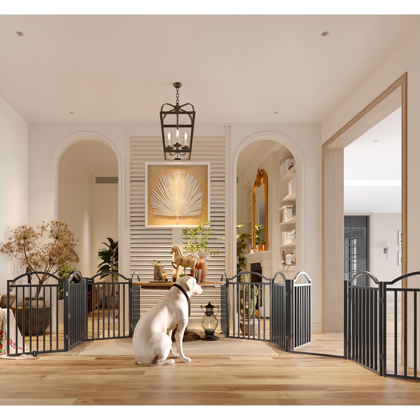 BHG Metal No-Assembly Freestanding Dog Gate with Door Walk Through, Extra Wide 96", Extra Tall 32" Pet Gate, Accordion Puppy Folding Playpen Dog Fence for Indoor & Outdoor, with 2PCS Support - Black