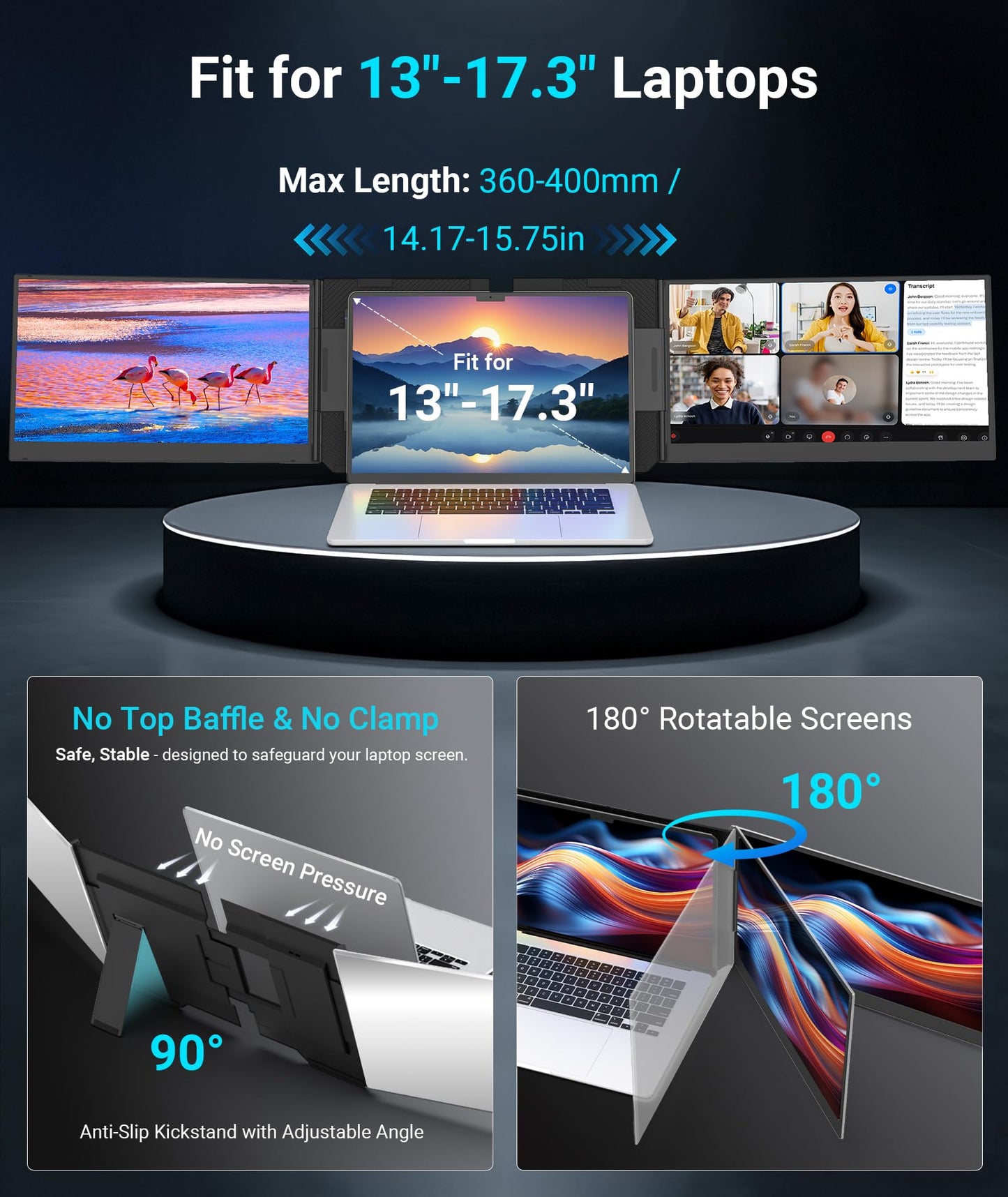 15.6" Laptop Screen Extender, 1080P FHD Triple Portable Monitor for Laptops, Ultra-Slim Travel Dual Monitor Fit for 13-17.3" Laptops, USB-C Plug&Play Extended Screen Compatible with Win/Mac/Android