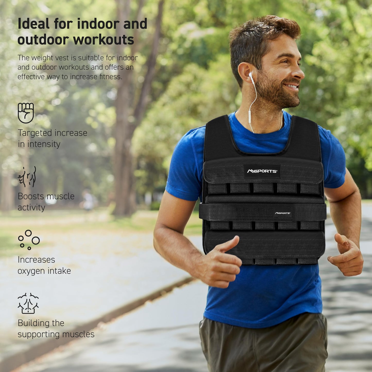 MSPORTS Premium Weighted Vest for Women & Men – Adjustable 11–65 lb, Running Vest, Walking Weighted Vest, Tactical Style Training Vest for CrossFit, Strength, Cardio & Home Workouts (Black, 45 lb)
