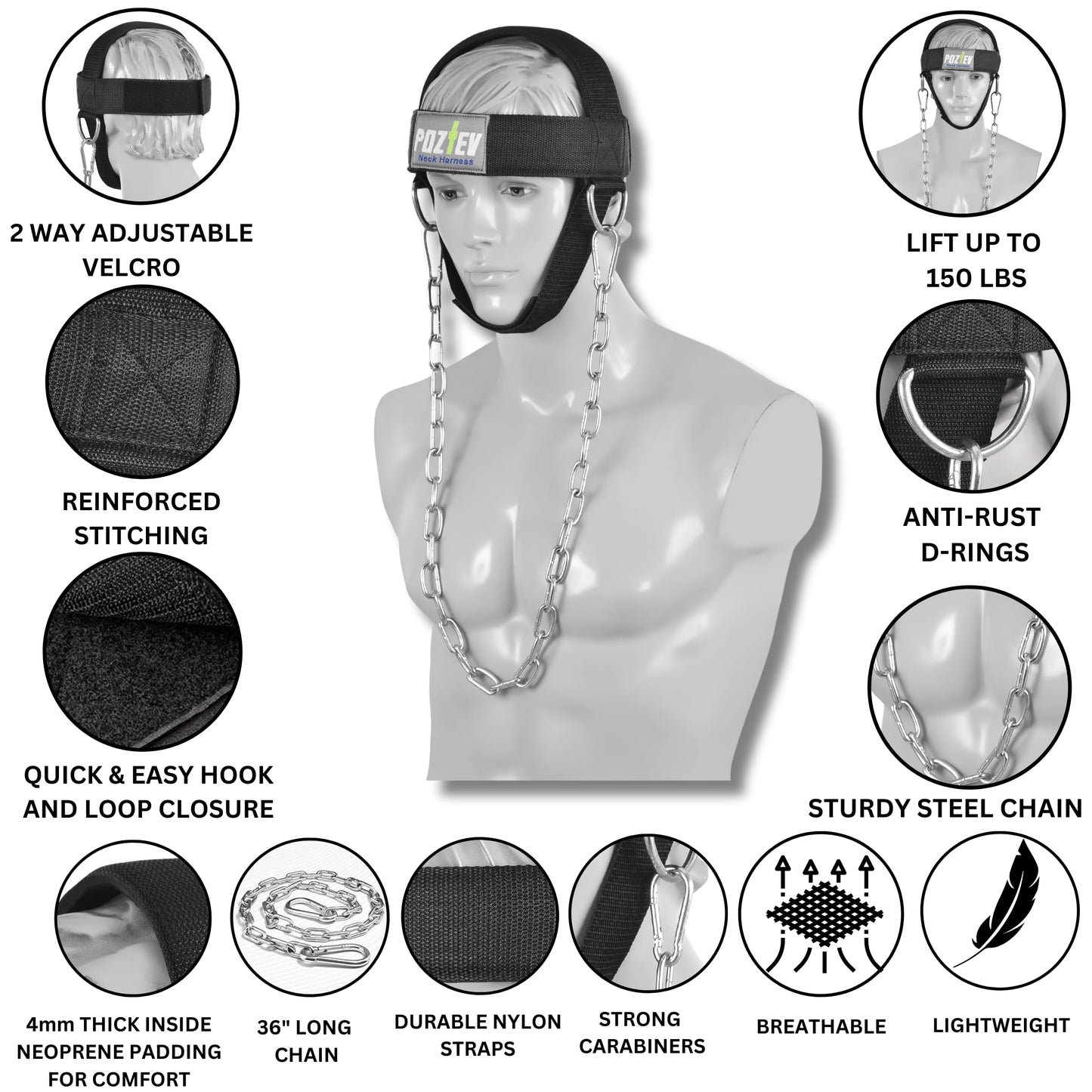 POZTEV Neck Harness with Heavy-Duty Chain - Adjustable Head and Chin Straps for Neck Strength and Pain Relief